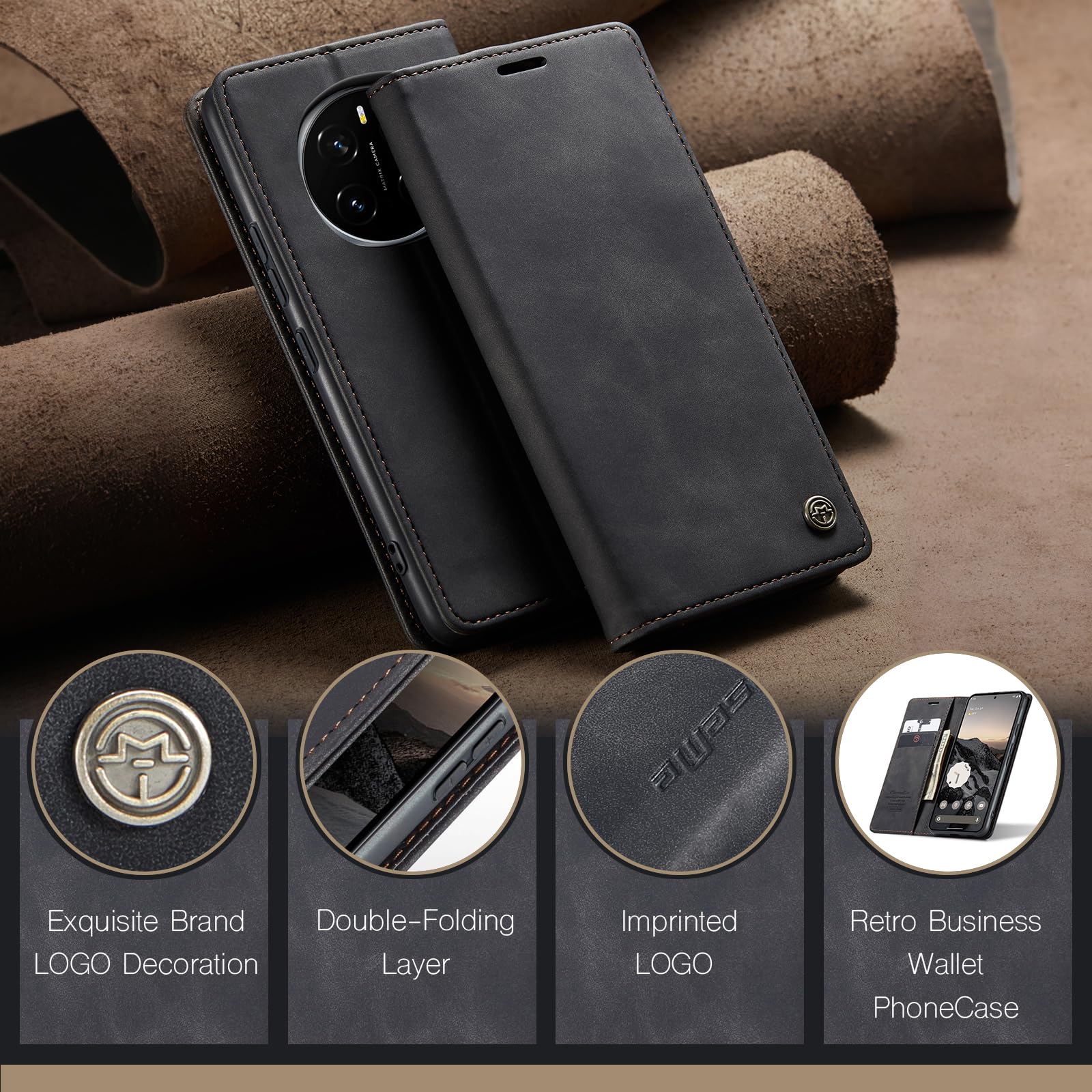 for Honor Magic 7 Pro Case, Wallet Case Flip Leather with Card Holder Magnetic Closure Shockproof Kickstand Protective Phone Cases Cover for Honor Magic7 Pro, Black — view 8