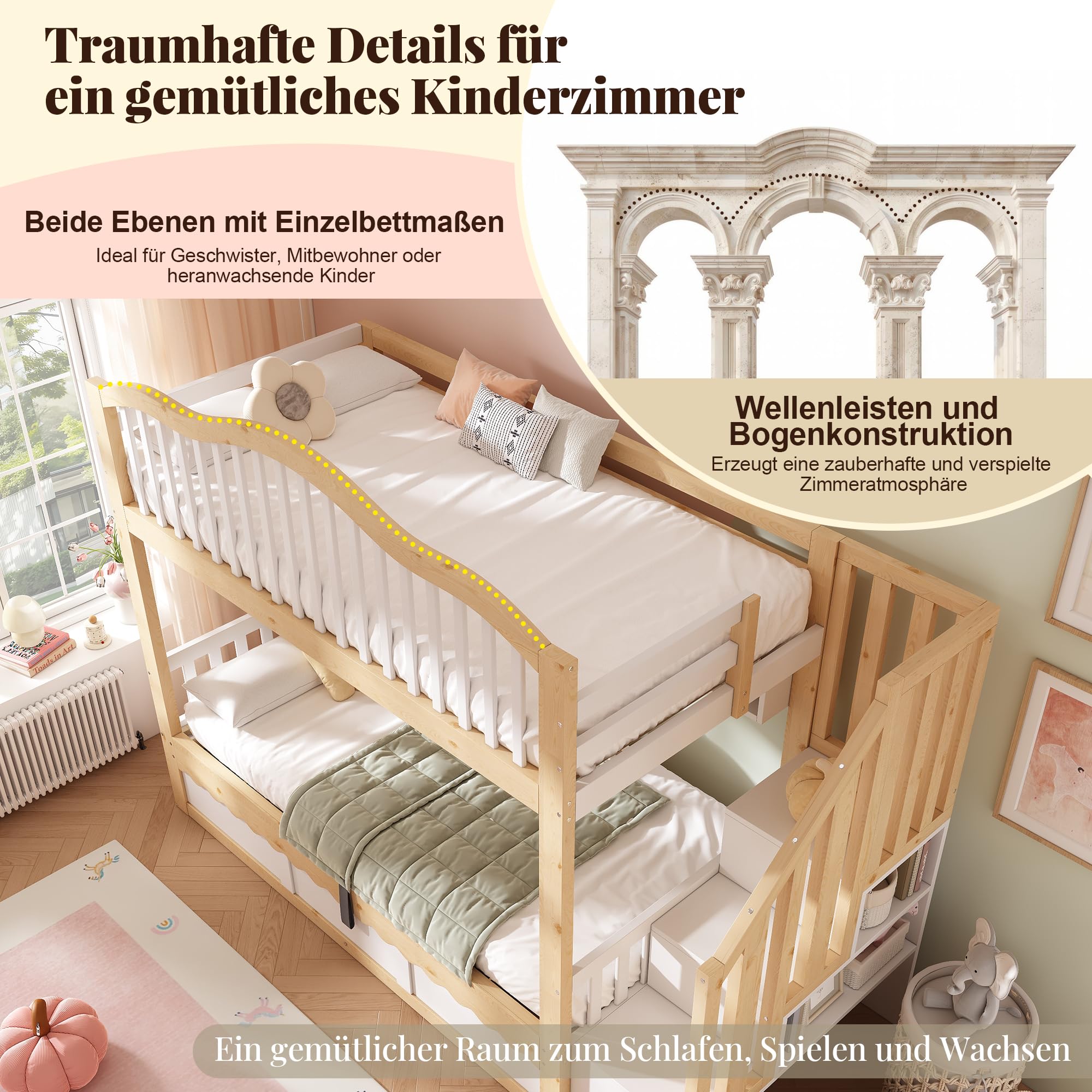 90 x 200 cm Litera para niños con espacio de almacenamiento hidráulico – Cama alta de madera con escalera de seguridad y estante, protección anticaídas, certificado EN 747-1:2024, blanco y roble