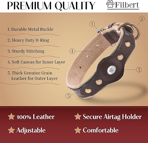 Miniatura 3 de Filbert Collar de cuero para perro con soporte para Airtag, collar de perro seguro mejorado, collar de cuero para perros grandes, collar de perro