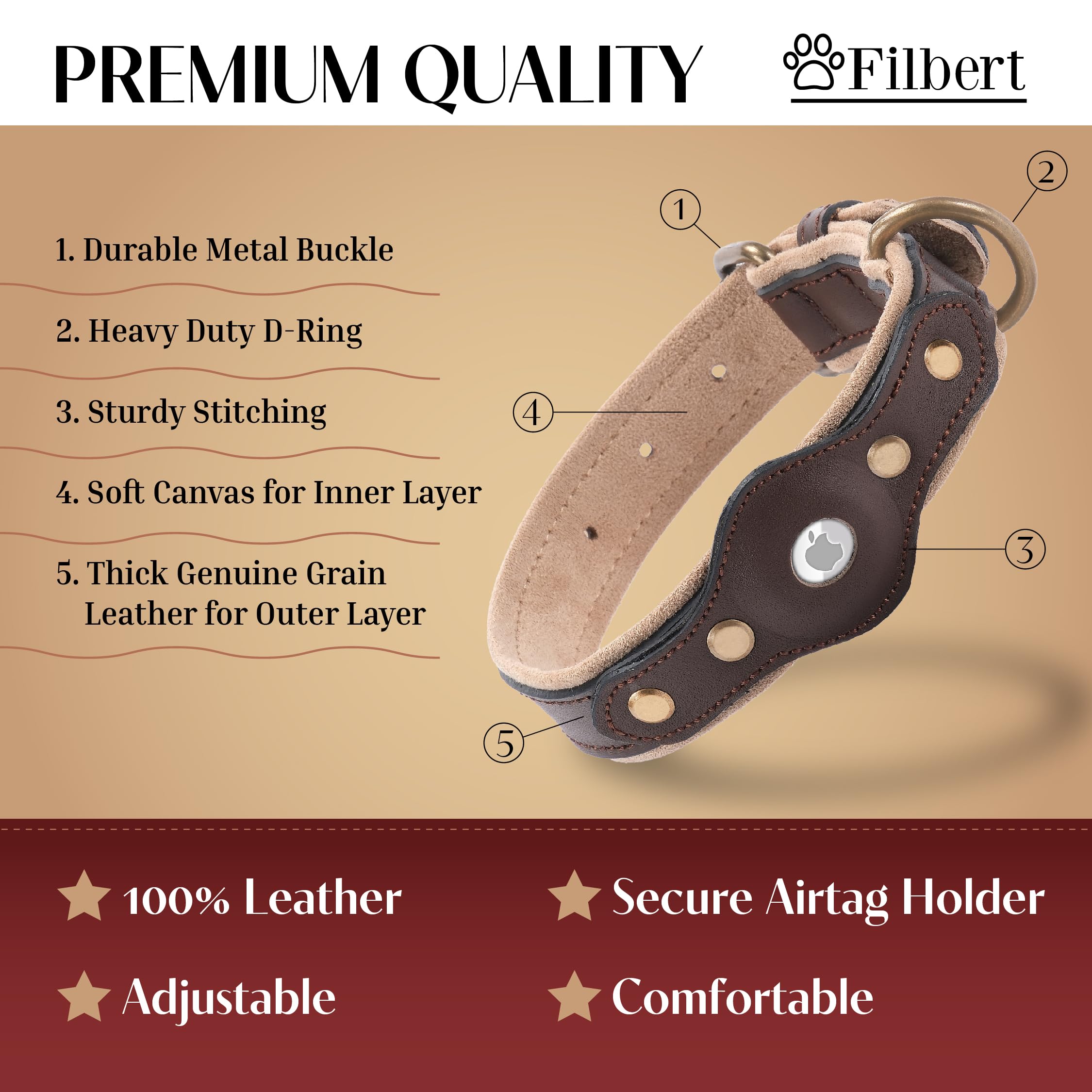 Filbert Collar de perro con soporte para Airtag, collar de perro Airtag, collar de cuero para perro Airtag, collares de cuero para perros grandes compatibles con Apple Air Tag, collar Airtag 5