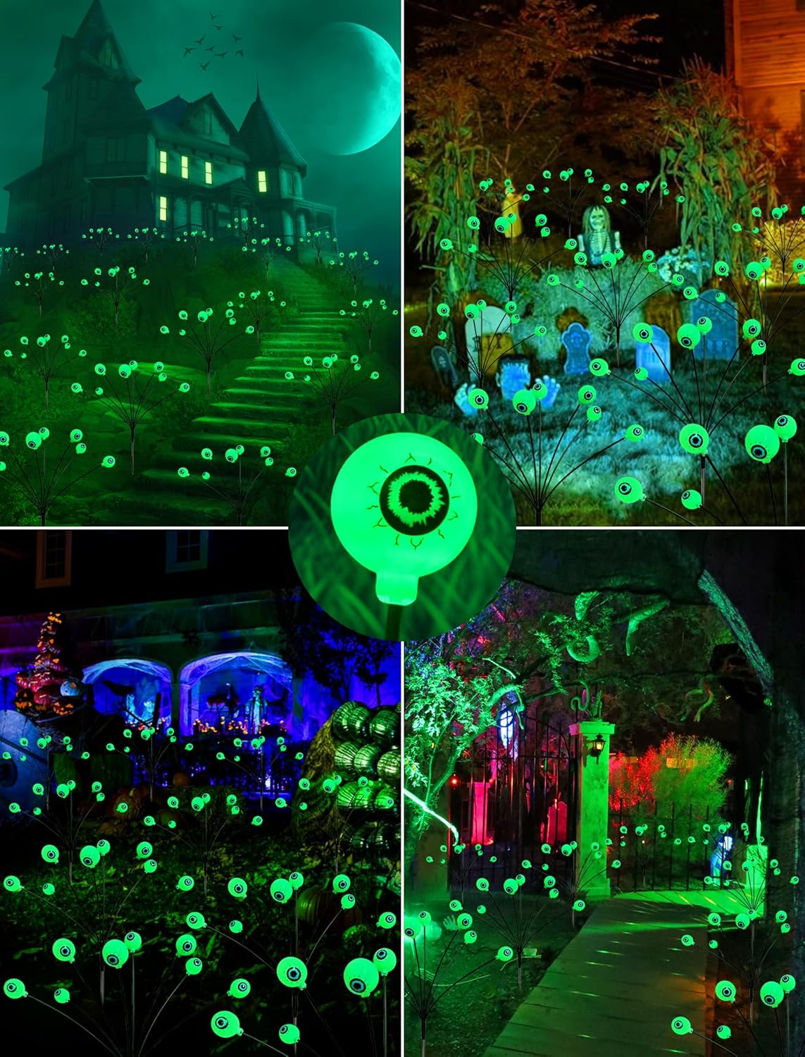 KerKoor Solar Halloween Lights Outdoor Decorations - 4 Pack 32 LED Solar Eyeball Lights LED Scary Eyeballs Halloween Light for Yard, Outside, Pathway, Walkway, Landscape, Garden, Party Decor (Green)