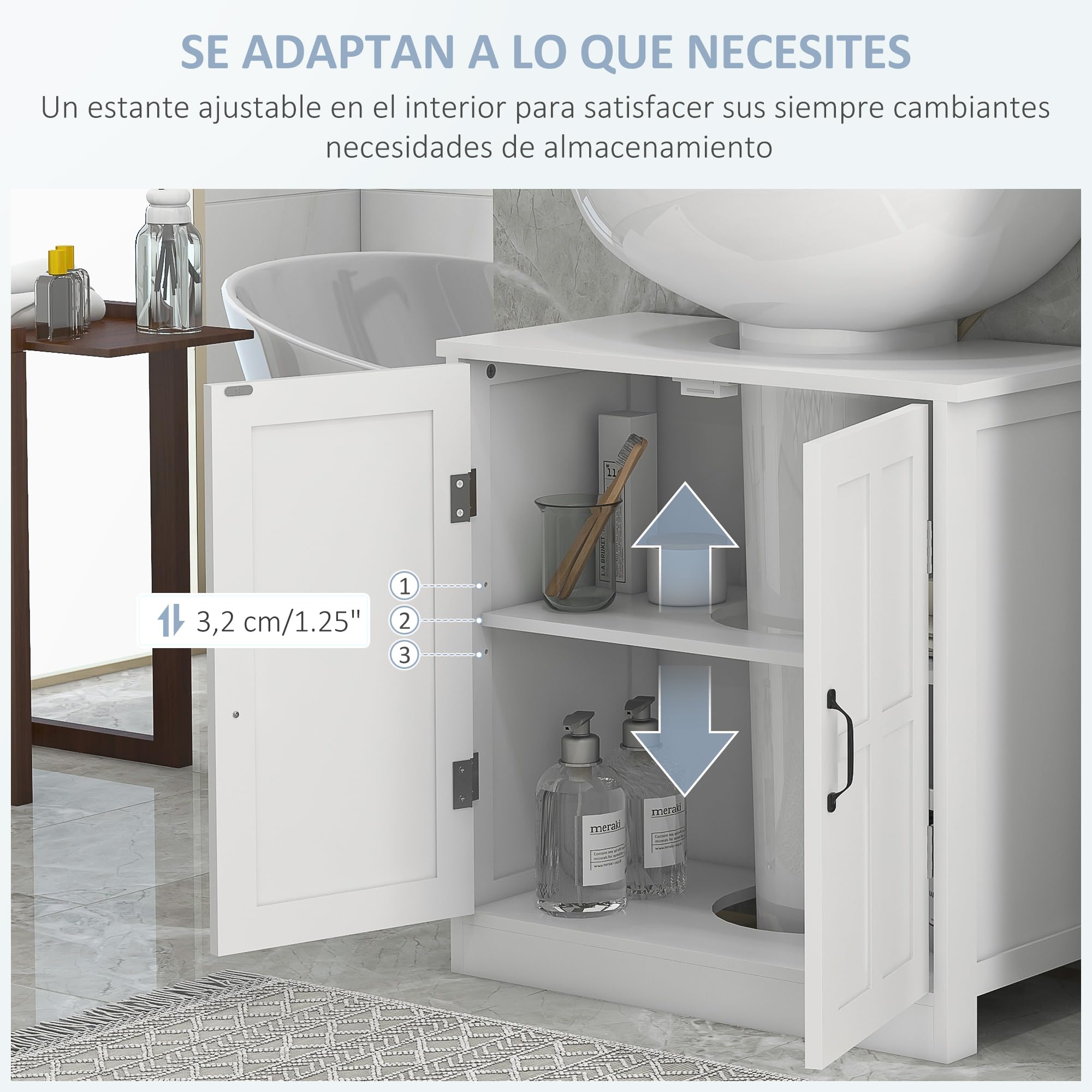 kleankin Mueble para Debajo del Lavabo, Mueble Baño 60x30x60 cm Blanco | Armario Bajo del Lavabo, Estante Ajustable, Puerta Doble, Carga 20 kg