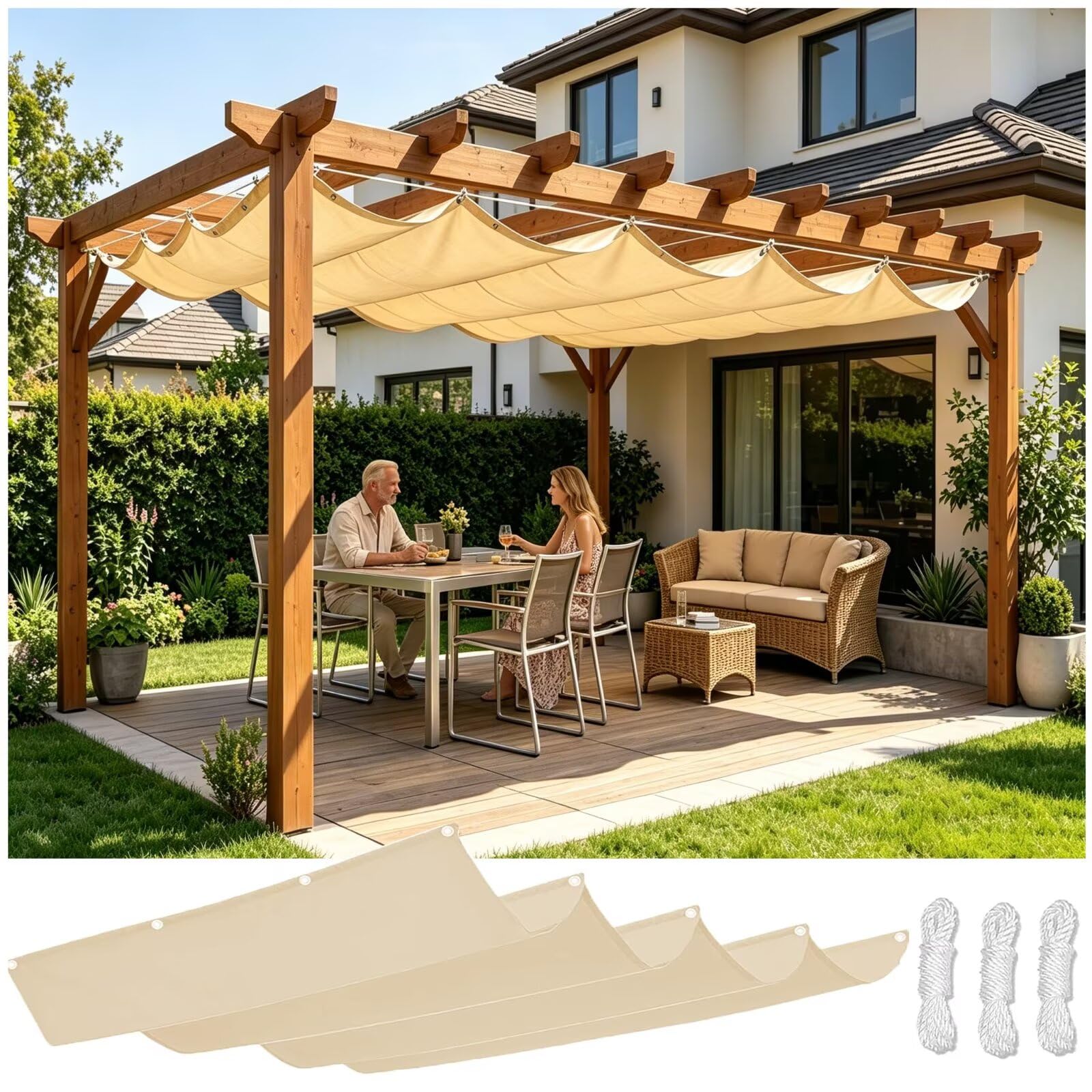 Wellen Sonnensegel 200x400cm,Terrassenüberdachung ausziehbar,Sand | Robustes 230g/m² HDPE Segel,hitzeisolierender UV & Regenschutz für Holzpergola,Edelstahl Ösen,4 Jahreszeiten nutzbar