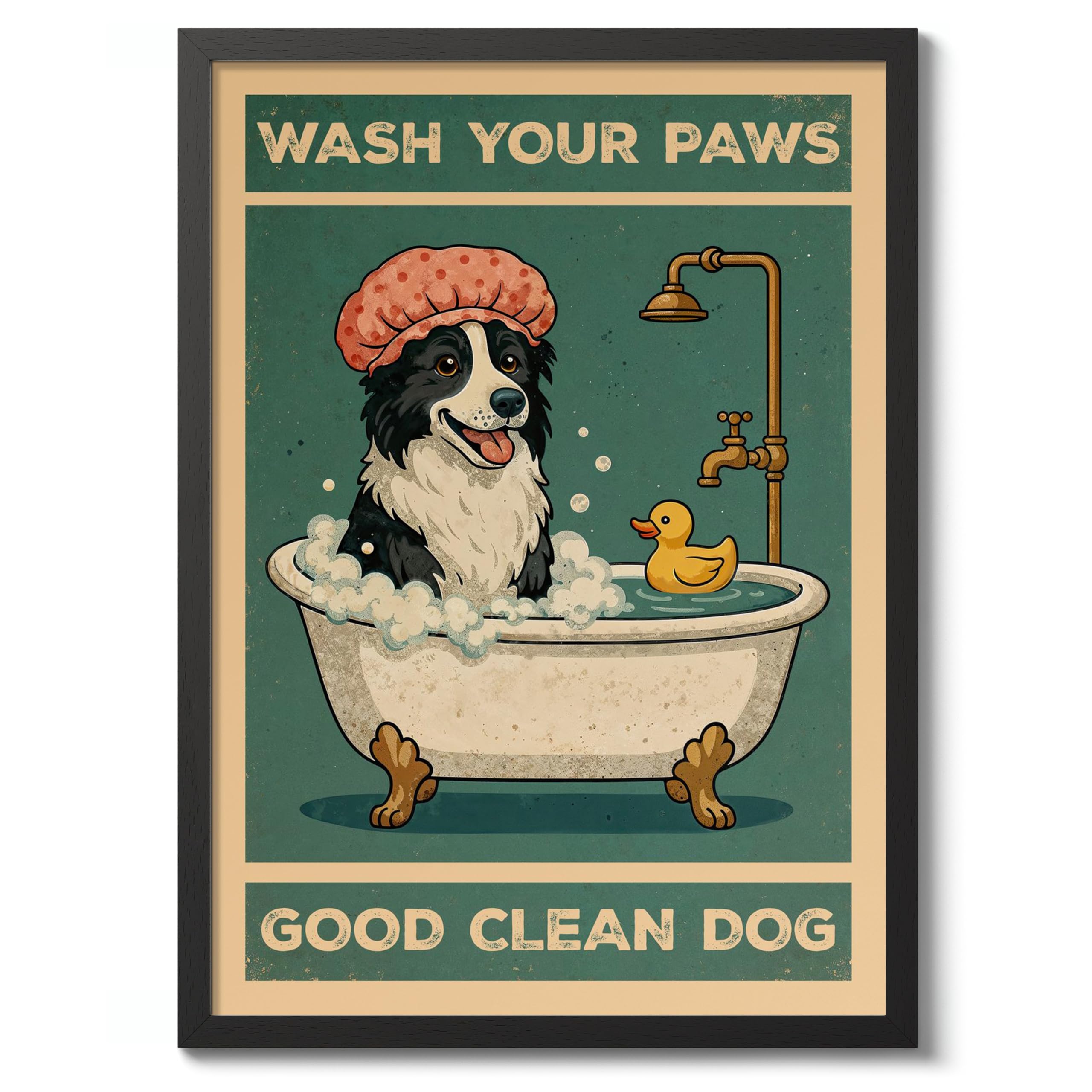 Wash Your Paws, Good Clean Dog Poster, Retro Animal Bathroom Print, Comedy Toilet Wall Art, A4 (Black Frame) - 32.7x24.1cm — image 1