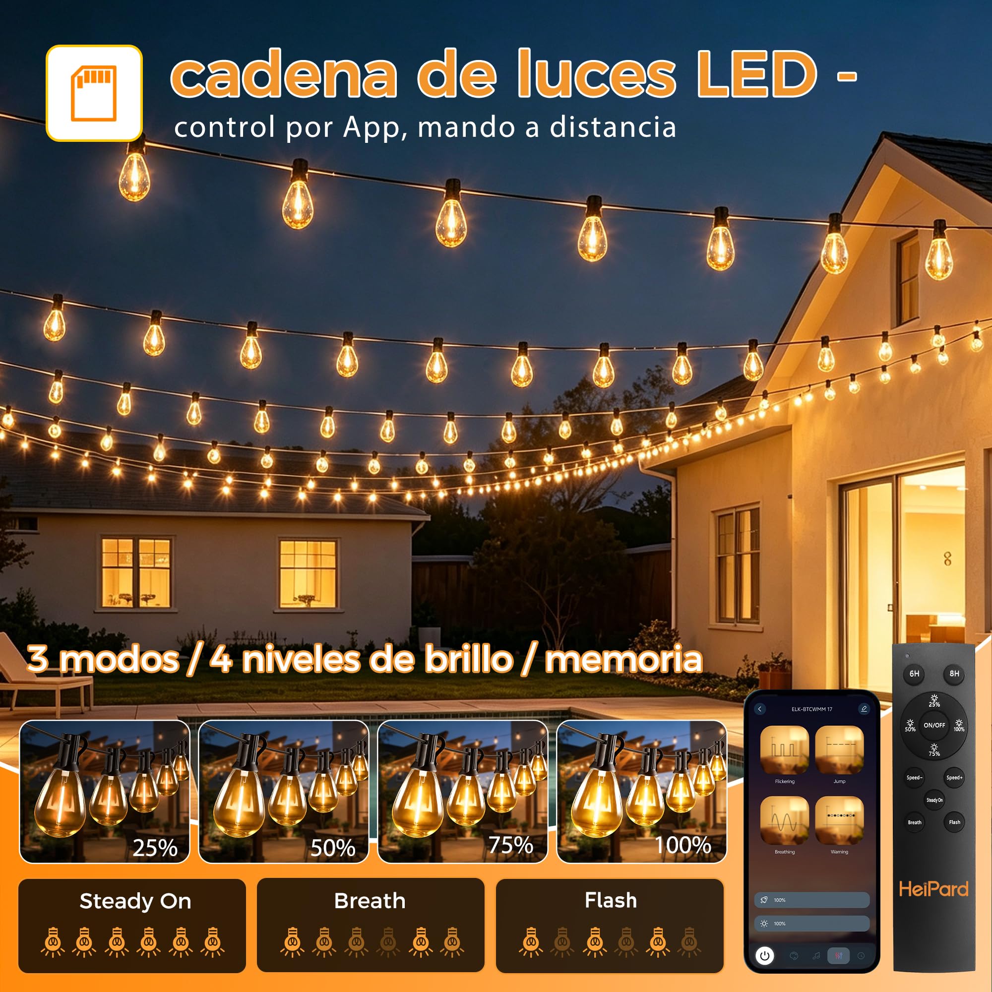 HeiPard Guirnalda Luces Exterior 30m, Luces LED Exterior con 50+2 S14 Bombillas 2700K, Mando RF y APP Inteligente, Regulable 4 Brillo 3 Modos, IP44 y Seguro 24V, para Luces Exterior Jardín y Terraza