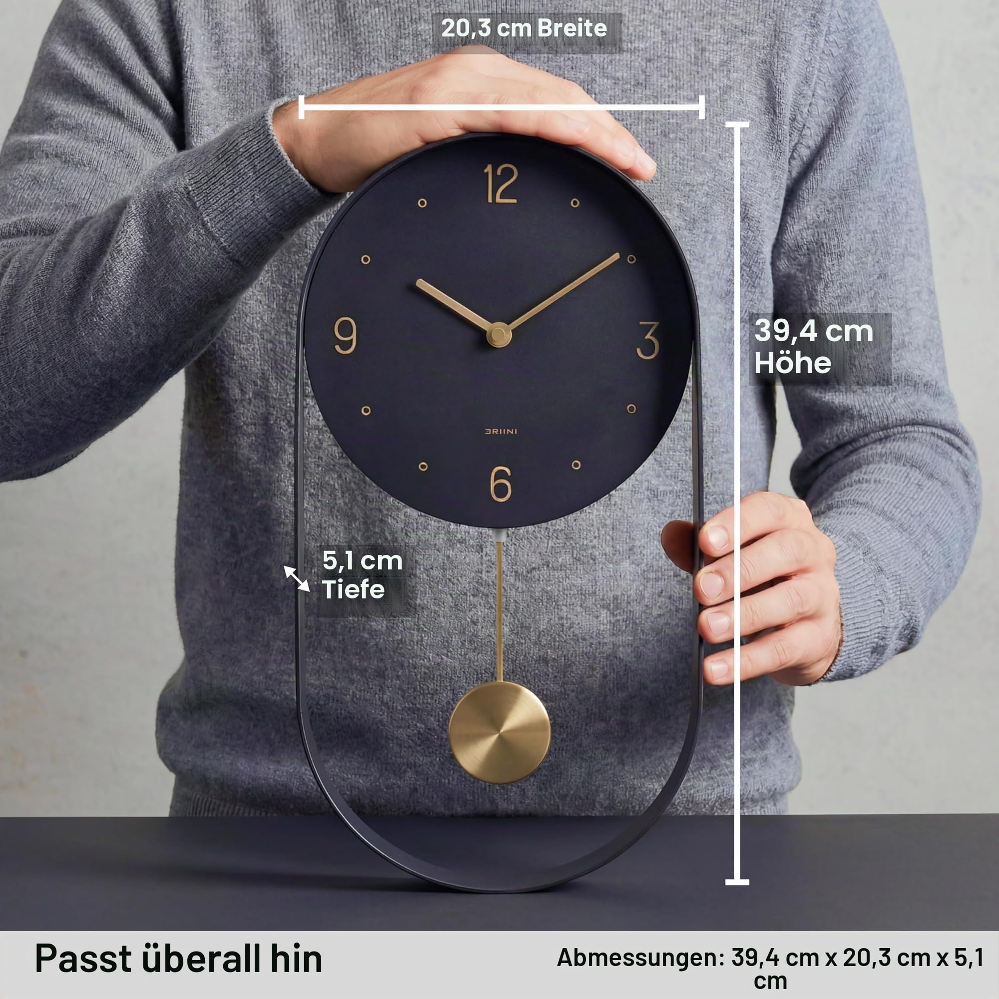 Driini Moderne Pendel-Wanduhr – dekorativer und einzigartiger Metallrahmen mit 20,3 cm Ziffernblatt – zeitgemäßes, minimalistisches Design mit geräuschlosem Batteriebetrieb – inklusive schwarzem und