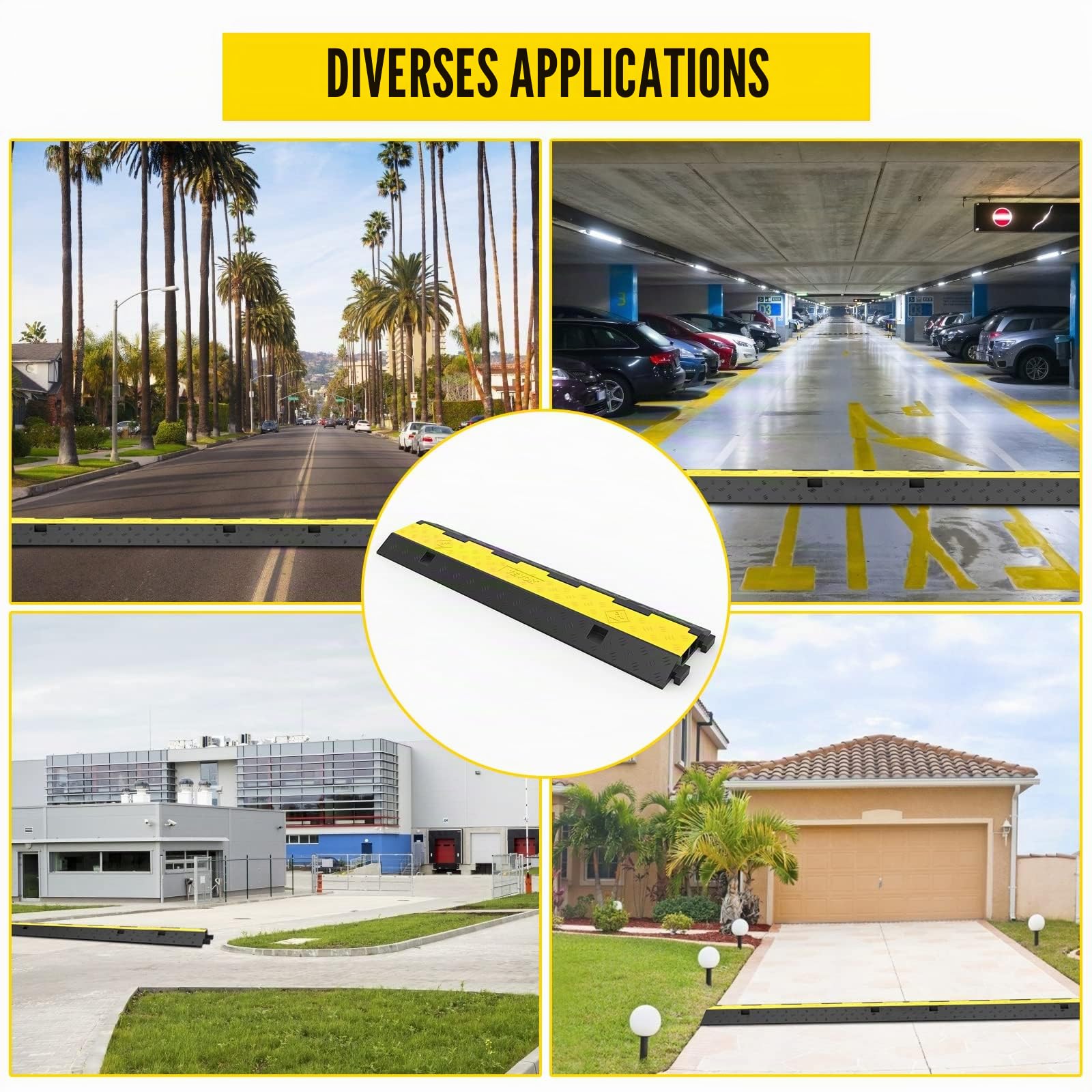 VEVOR Rampes Protection Câble 2 Canaux 5 T 3PCS 101x24,5x5 cm Passage Câbles Protecteur PVC Caoutchouc Capacité de Charge 4989 kg Canal 3,2x3,1 cm pour Protéger Câbles d'Alimentation des Sols Parking