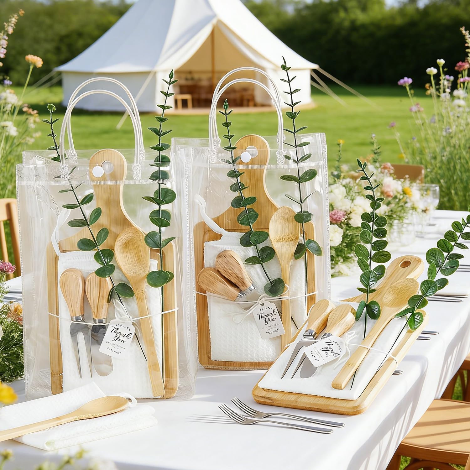 55Pcs Kitchen Gadgets Set-Baby Shower Prizes for Game Winners 6 Sets Bamboo Cheese Board Spoon Butter Spreaders Fork Towel Roll Ribbon Thank You Card and Gift Bags For Wedding Brida Favors Guests