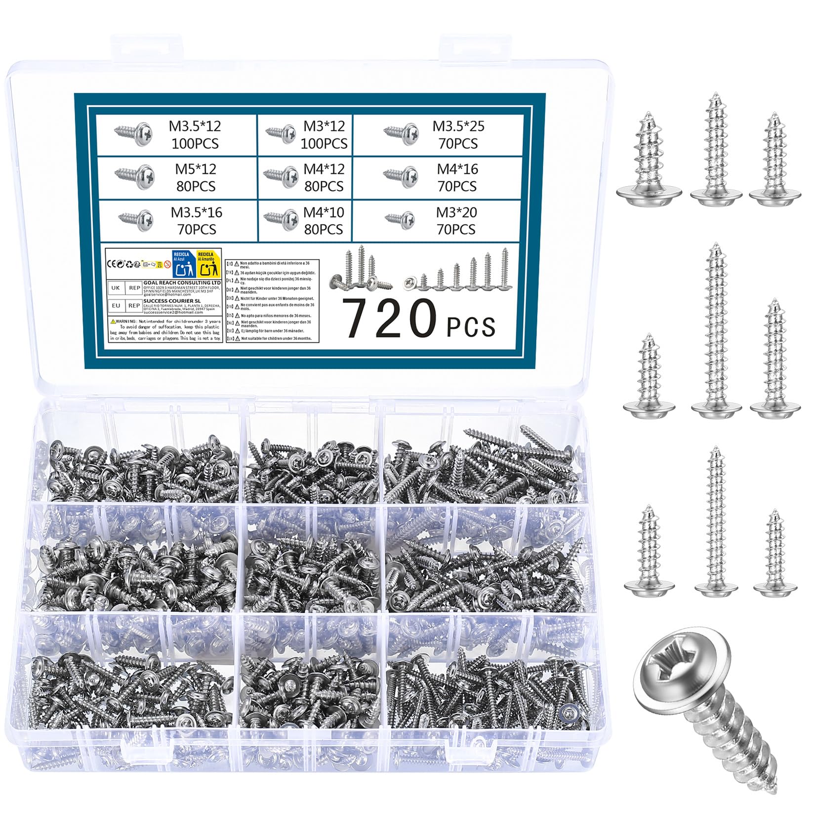 720 PcsSelf Tapping Screws Metal, M3 M3.5 M4 M5 Pan Head Wafer Head Screws with Washer, Cross Truss Self-Tapping Self Drilling Screw for Wood Screw Assortment Kit for Sheet Metal Wood Plastic