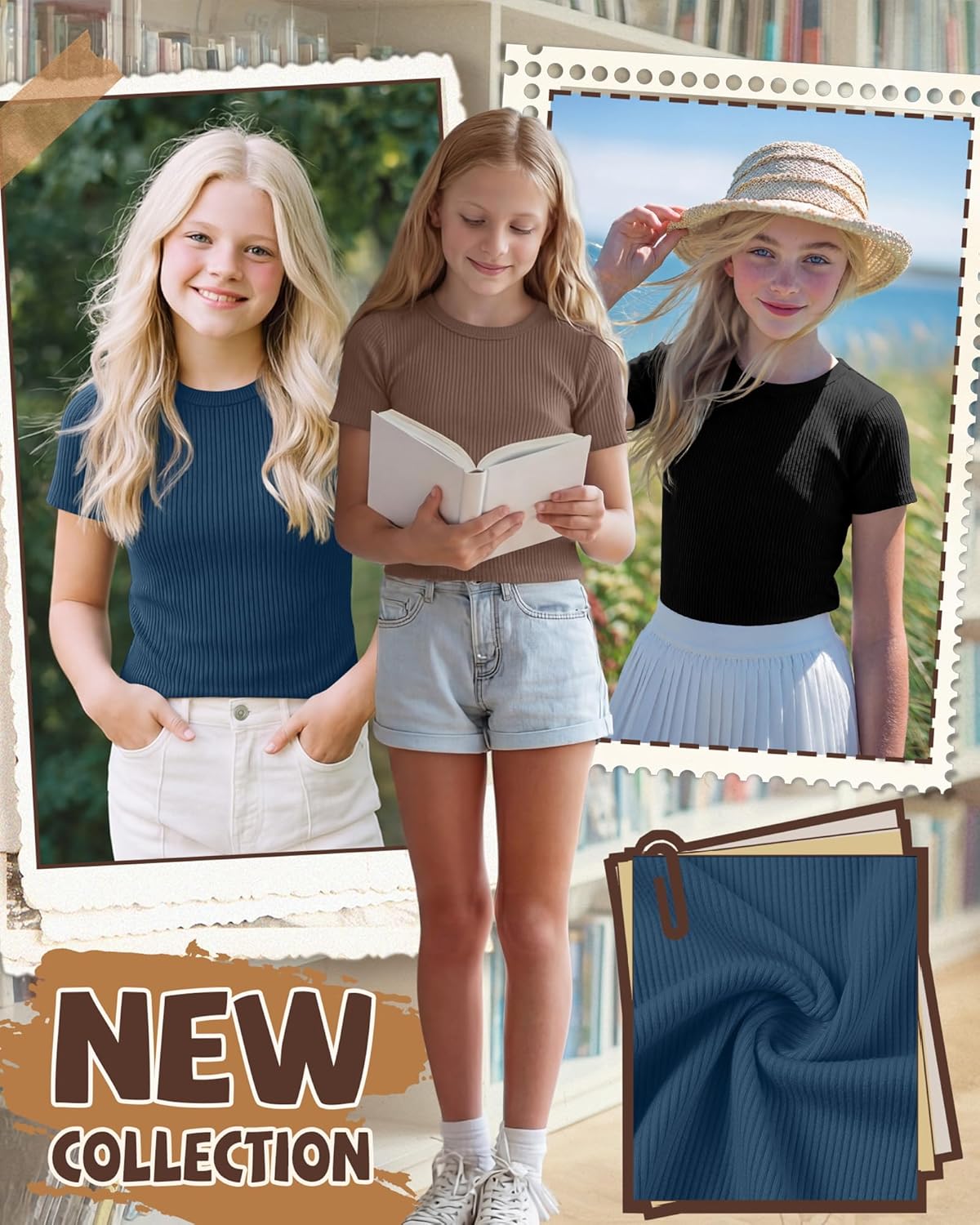 3 Pack Girls' Short Sleeve Shirts Kids Ribbed Knit Crew Neck Tees Summer Basic Casual Tops 5-14 Years