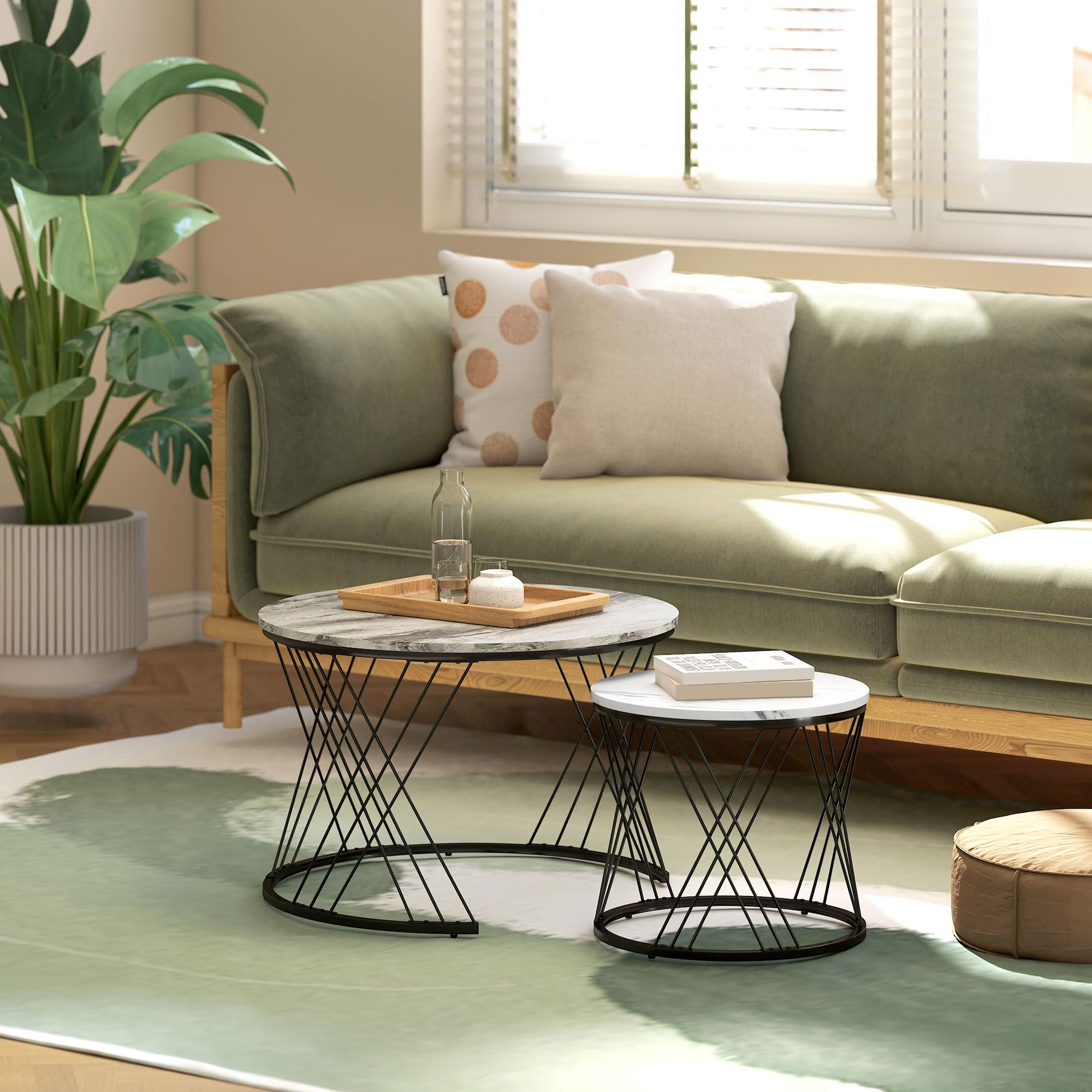 HOMCOM Juego de 2 Mesas Nido Mesas de Centro para Salón Redondas con Tablero con Diseño de Mármol Marco de Metal para Sala de Estar Dormitorio Gris y Blanco