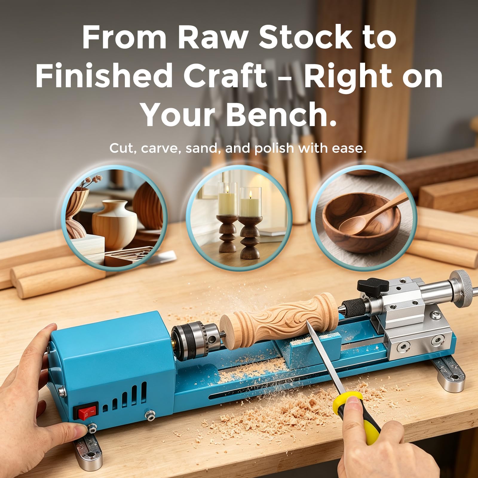 Bonvoisin Mini máquina de torno de 7 velocidades, taladro de torneado de madera para bricolaje