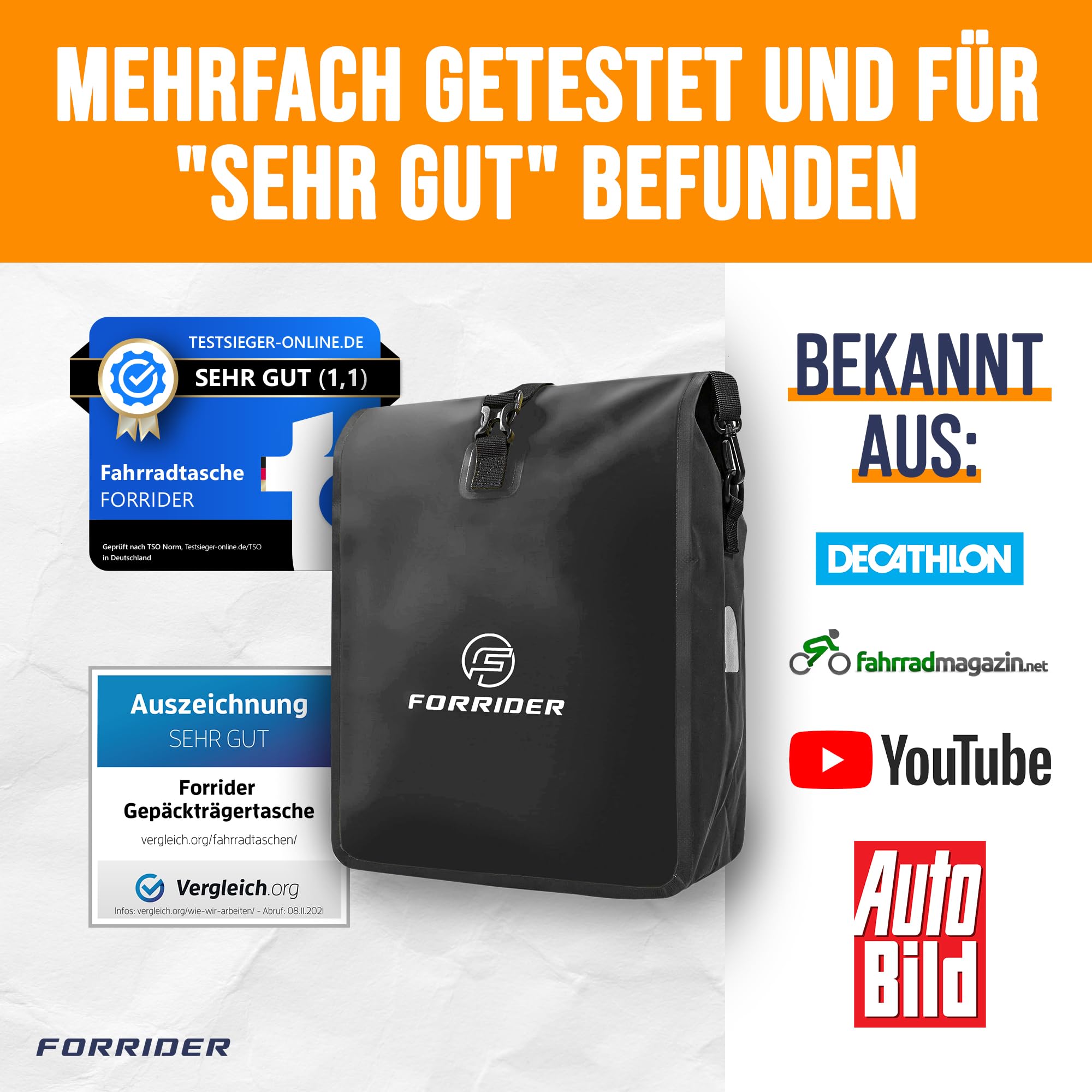 Forrider Fahrradtaschen-Set Wasserdicht für Gepäckträger [2x22L] mit Schultergurt & Reflektoren| Fahrrad Gepäckträgertasche