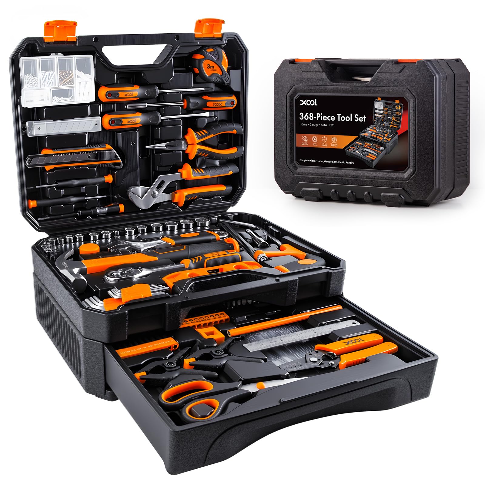 XOOL 368 Piece Home Repair Tool Kit with Drawer Toolbox, Includes Hammer, Pliers, Screwdrivers, Wrench, Tape Measure & More for Home Repair, Apartment, Office, Garage and DIY Projects