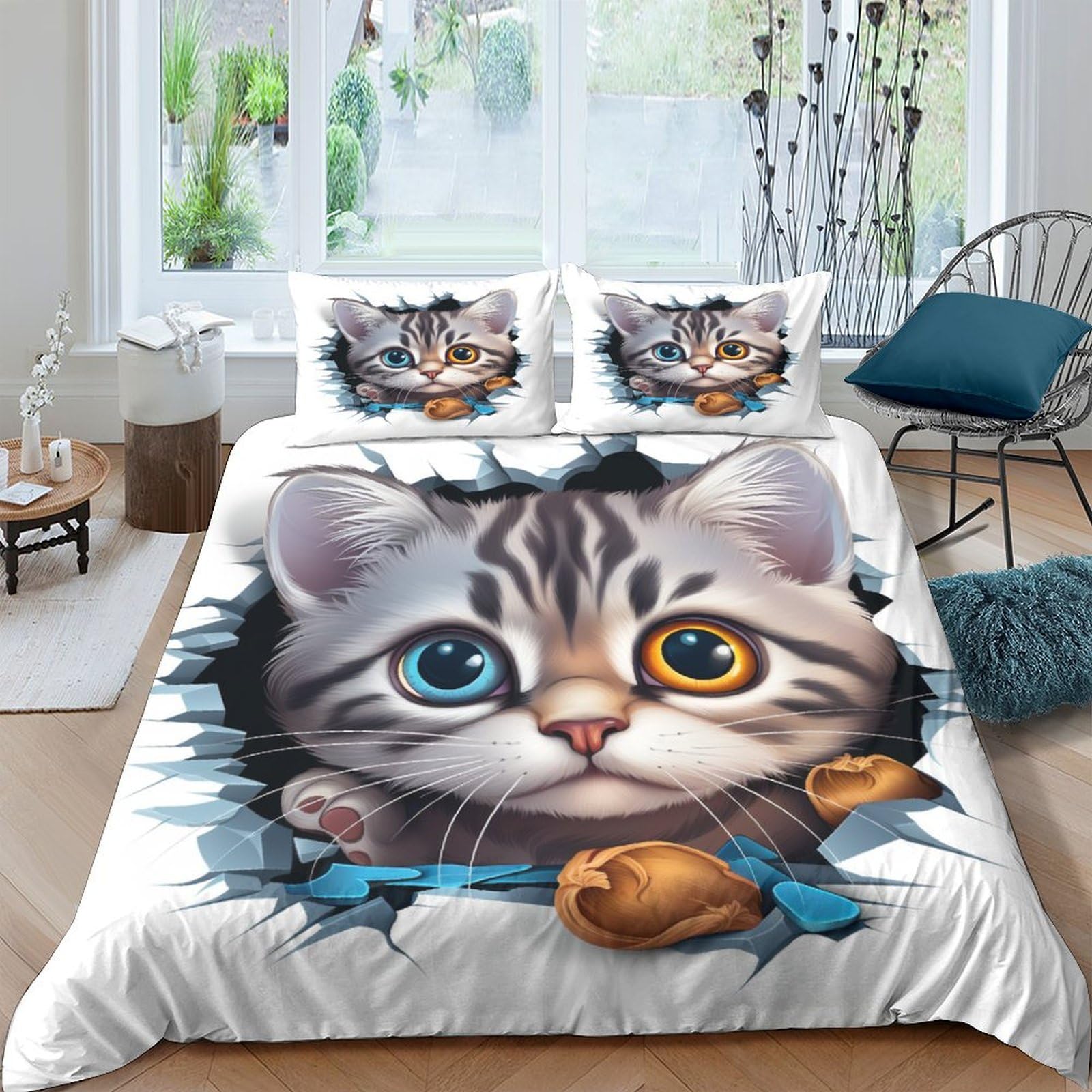Parure de lit housse de couette chat 220x240 cm king size avec taie d'oreiller zip