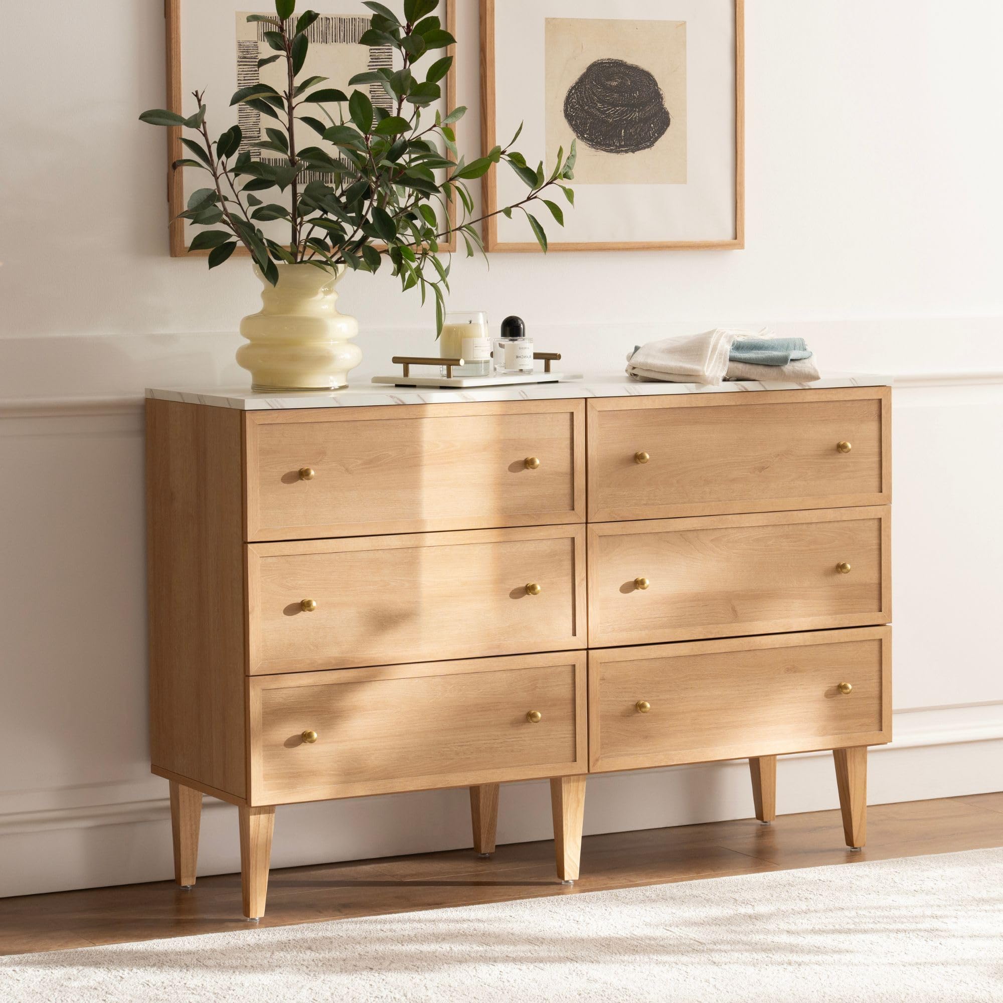 Natural Wood Dresser 6 Drawer Double Dresser with Gold Handles Farmhouse Chest of Dressers Storage Dresser Organizer with Imitation Marble Top for Bedroom, Living Room, Natural Oak