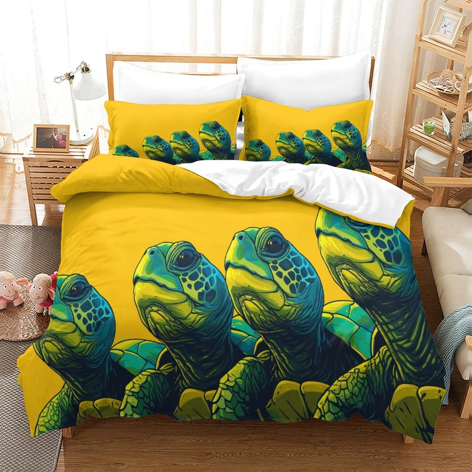 P1s9u7w5y Sea Turtle-3 3D Printed Green Turtle Animal Duvet Cover Set 3Pcs Microfiber Yellow Tortoise Bedding Set King（220X240cm）