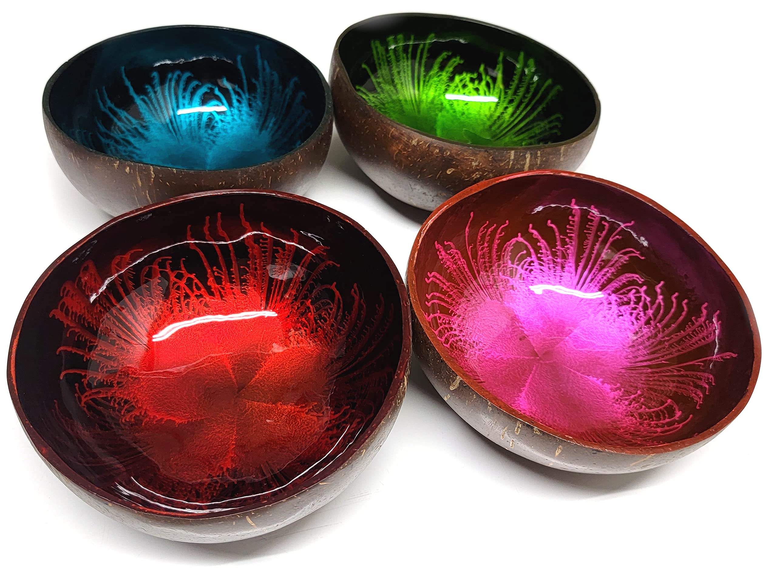 Mean Muggin Uniquely Colored Natural Coconut Bowls - Set of 4 Eco Friendly Polished Bowls For Salads, Nuts, Fruits, Smoothies, Acai - Reusable and Washable Decorative Bowl For Keys, Gift Set