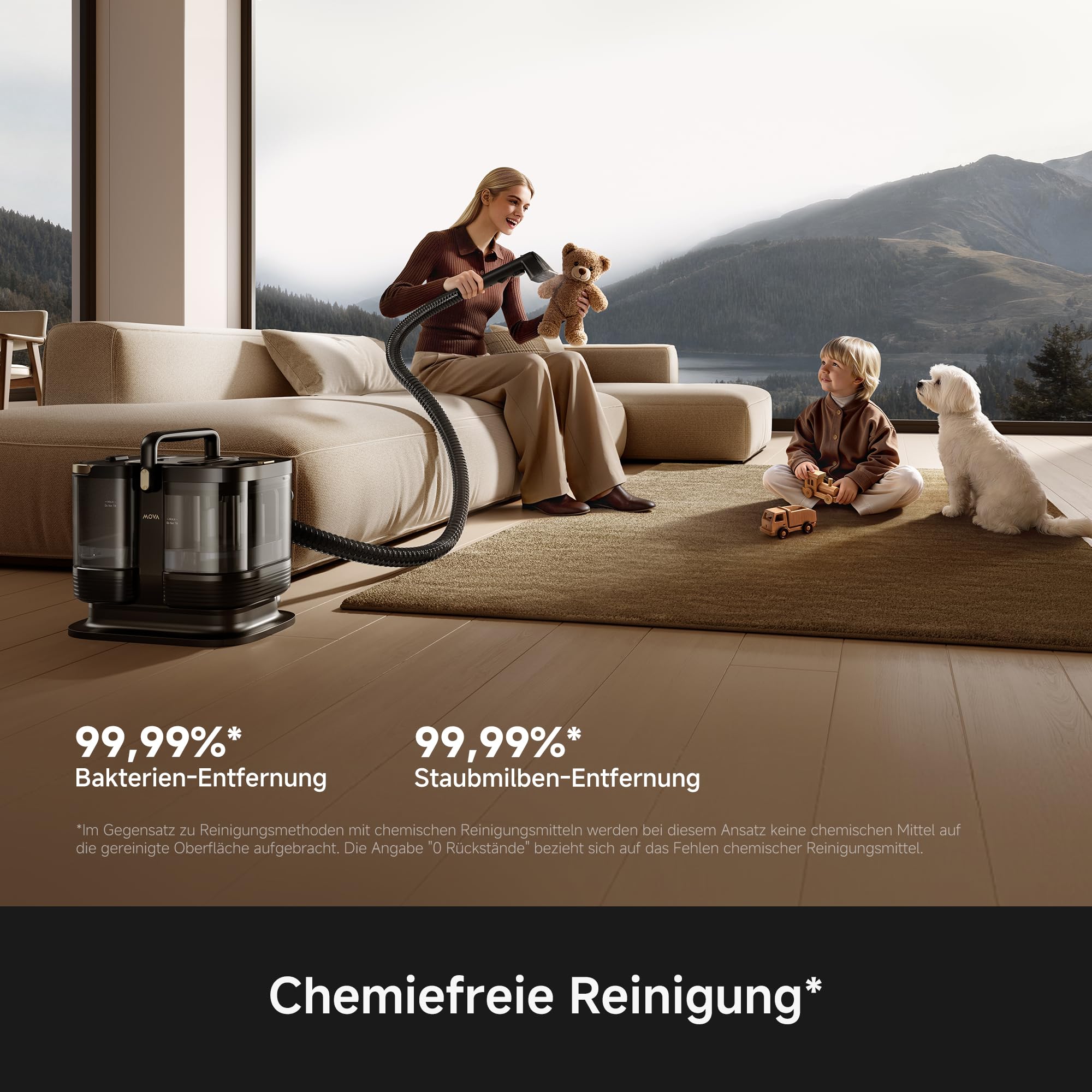 Mova S10 Steam Allzweck-Dampfreiniger mit 9 Aufsätzen, überhitztem Dampf, 16.000Pa Saugkraft, ≤5% Restfeuchte, 99,99% Bakterien- und Milbenentfernung, chemiefreier Reinigung