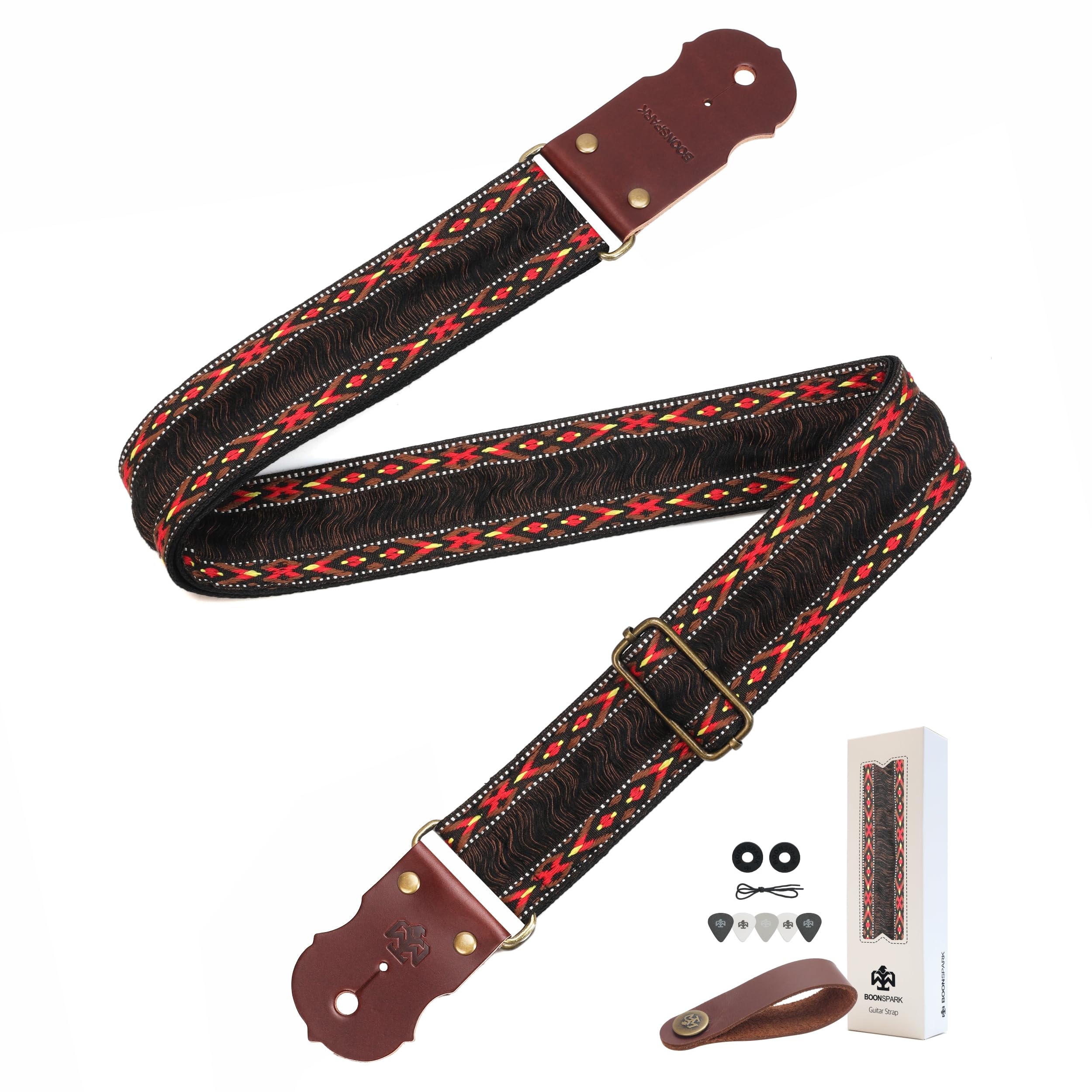 Guitar Strap, Jacquard Embroidery Guitar Straps with Top Real Cowhide Ends Guitar Straps for Electric,Bass and Acoustic Guitars(Retro Brushed)