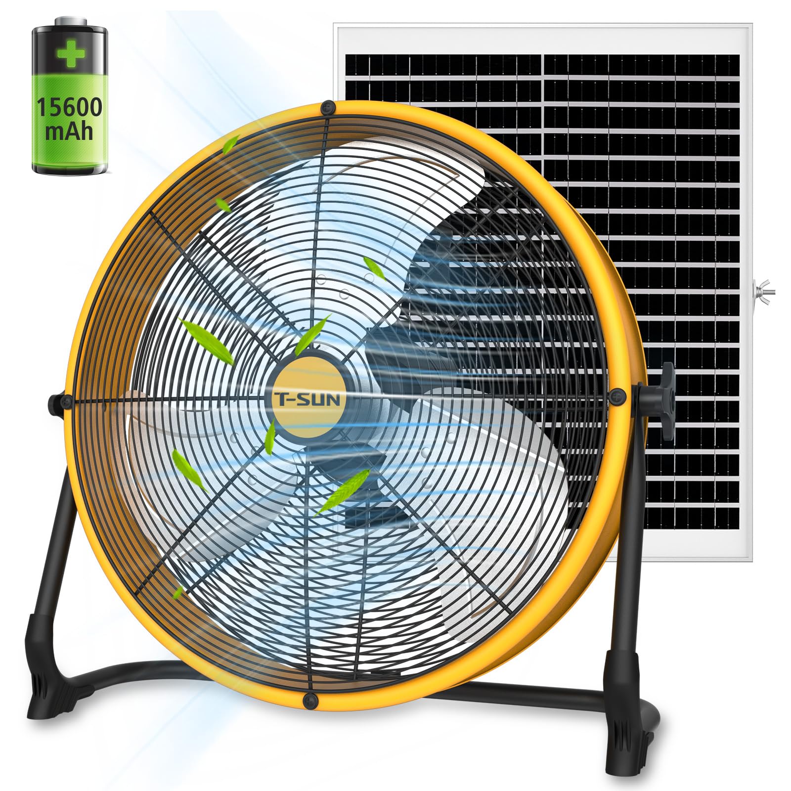 T-SUN 16inch Solar Ventilator für Außen, 25W Solar Lüfter mit 5M Kabel, Adapter, 15600mAh Solarantriebslüfter, Bodenventilator für Werkstatt, Haustierhäuser, Garage, Camping, Abkühlen, Grillpartys
