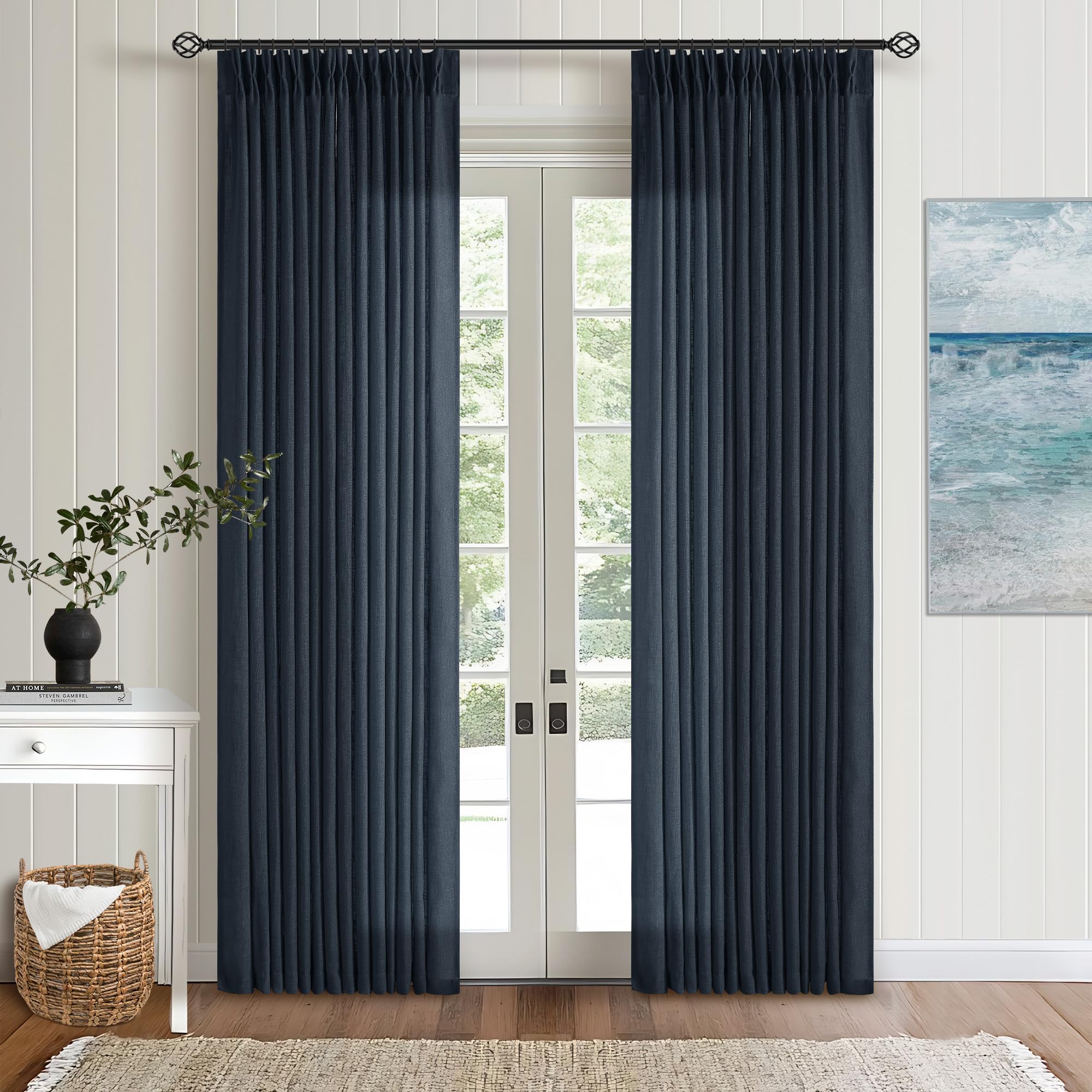 Pinch Pleated Navy Linen Curtains 84 Inches Long 2 Panels Set for Living Room Dining Pinch Pleat Back Tab Light Filtering Farmhouse Boho Retro Window Curtain Drapes 84 Inch Length Dark Blue Indigo — image 1
