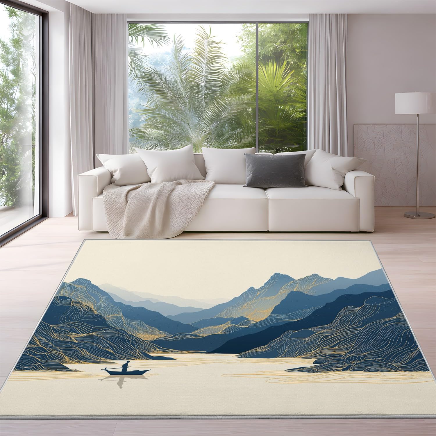 Generico 140 x 200 cm Dywan do salonu z krótkim włosiem, minimalistyczny elegancki spokojny dywan do sypialni, zmywalne dywaniki antypoślizgowe do salonu salonu, łatwy do czyszczenia, beżowy niebieski