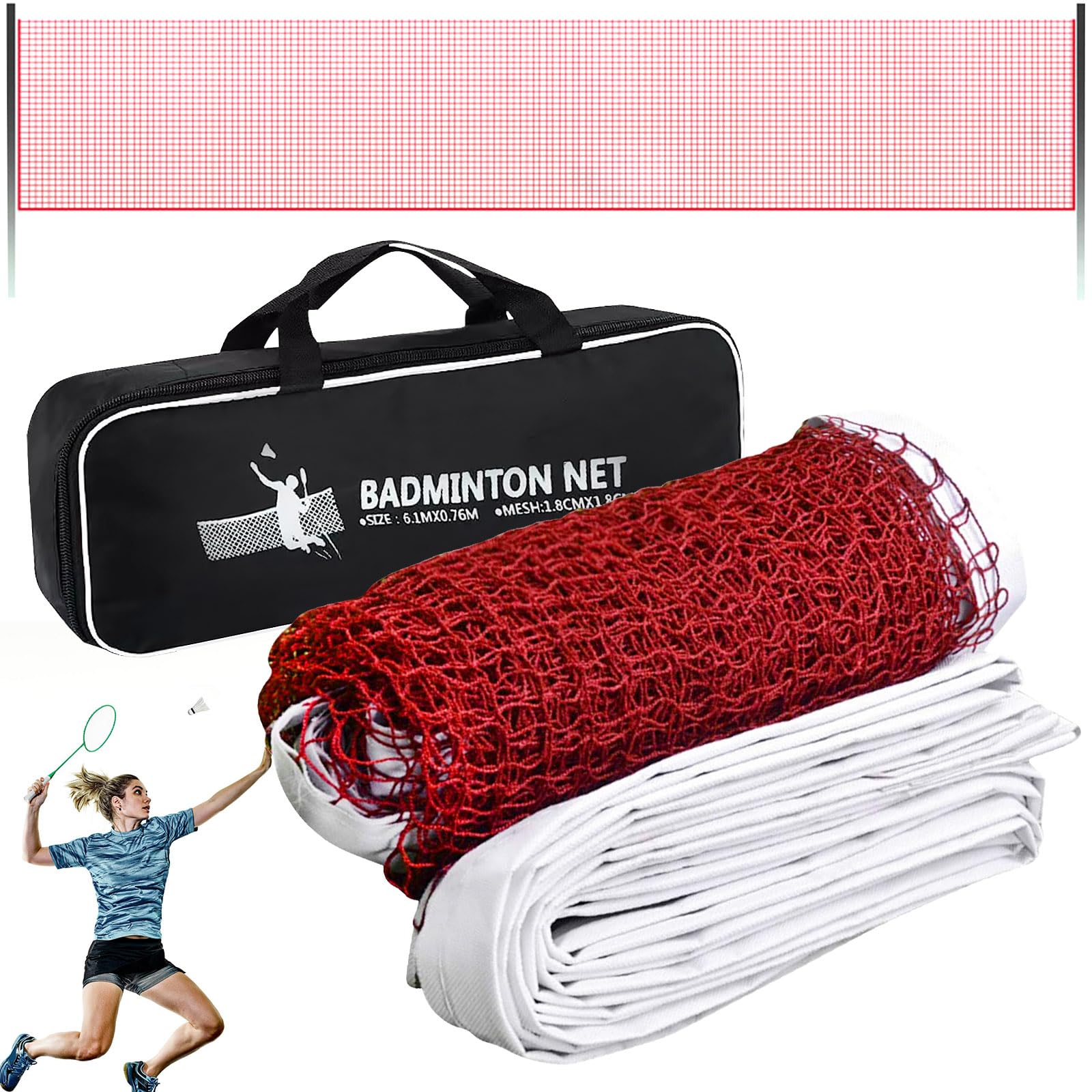 Rete da badminton, 0,76 x 6,1 m, professionale da tennis con fune metallica, rete portatile in polipropilene, rete sportiva, rete da allenamento, rete da pallavolo, per giardino, bambini, interni