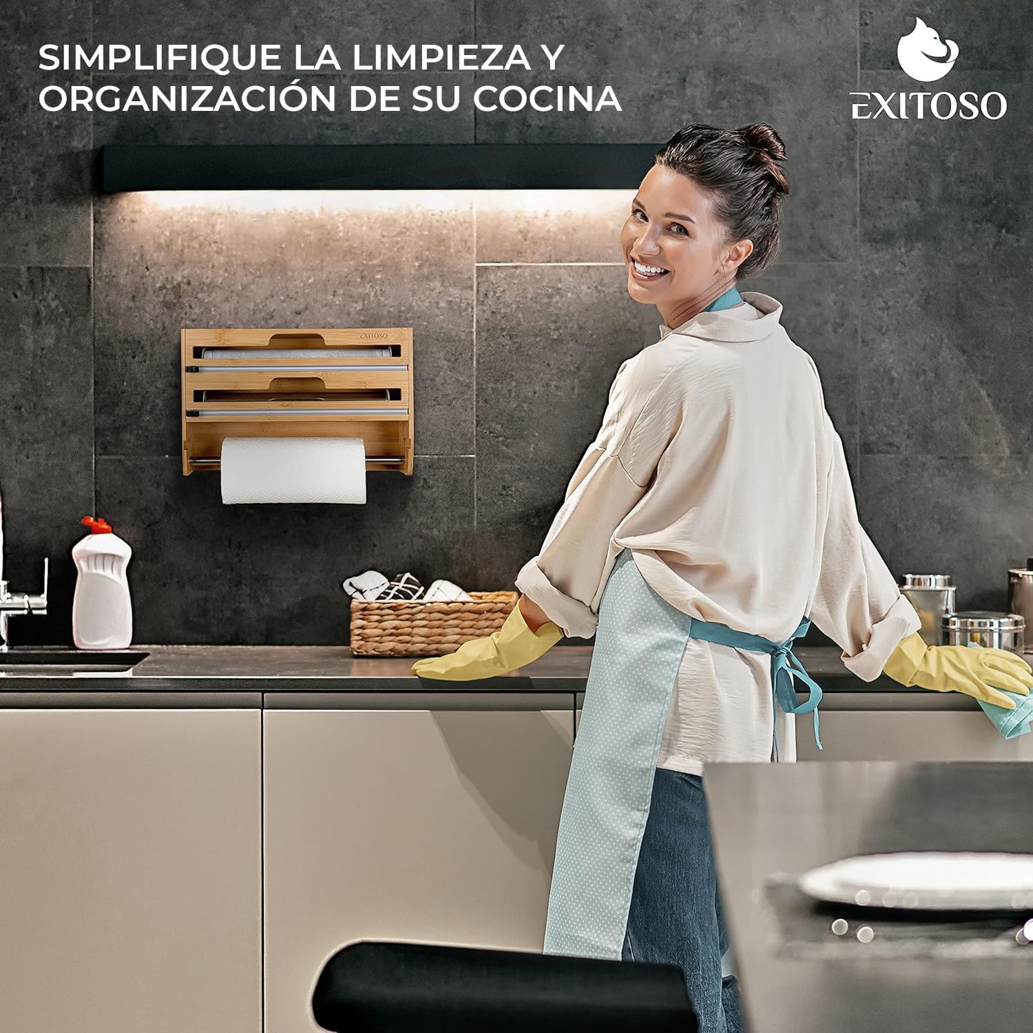 EXITOSO Zewa - Cortador de papel de aluminio de bambú, soporte para rollos de pared para cocina, dispensador de papel de cocina, sin taladrar, madera, soporte para rollos de cocina