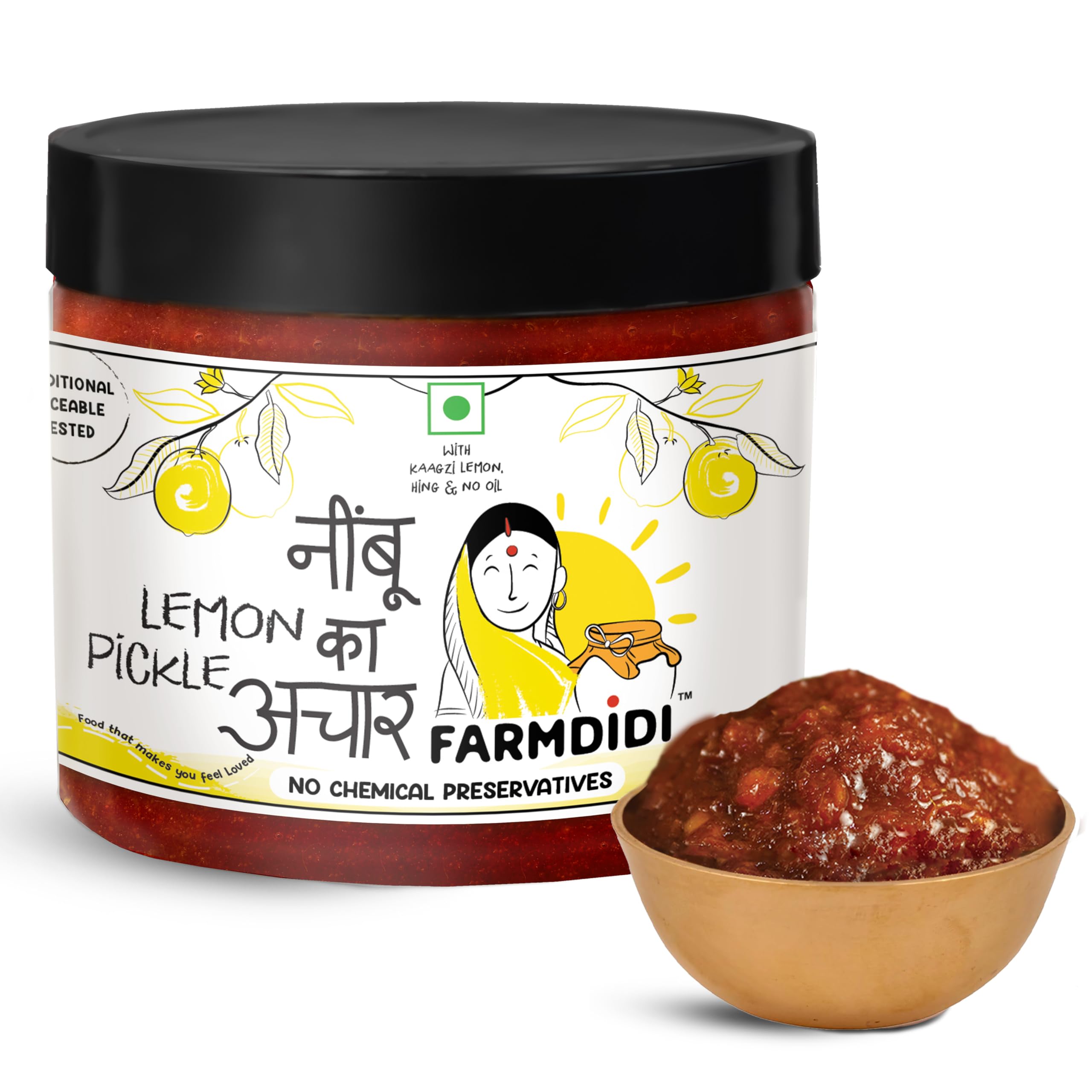 FarmDidi Crushed Lemon Pickle 325g in Fresh | Homemade Oil-Free Nimbu ka Achar with No Onion or Garlic | Traditional Lemon Chunda Style Sweet & Sour Pickle | Grandma’s Taste, Indian Homemade Achar