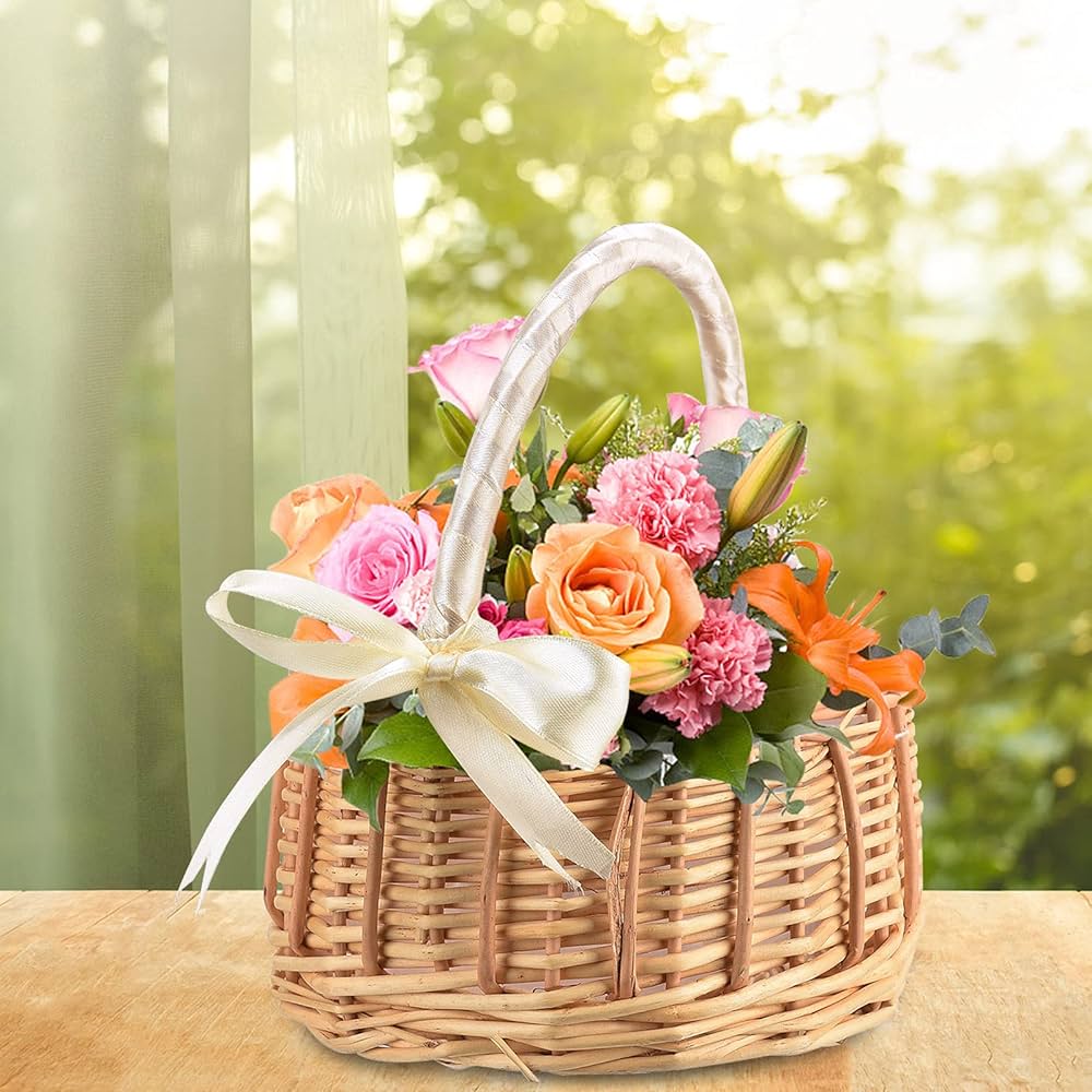 YYGQDR Woven Storage Basket With Handles, Flower Girl Basket Willow Basket With Ribbon Easter Gift Cookie Basket Woven Wedding Candy Bins For Wedding Easter Party Decor