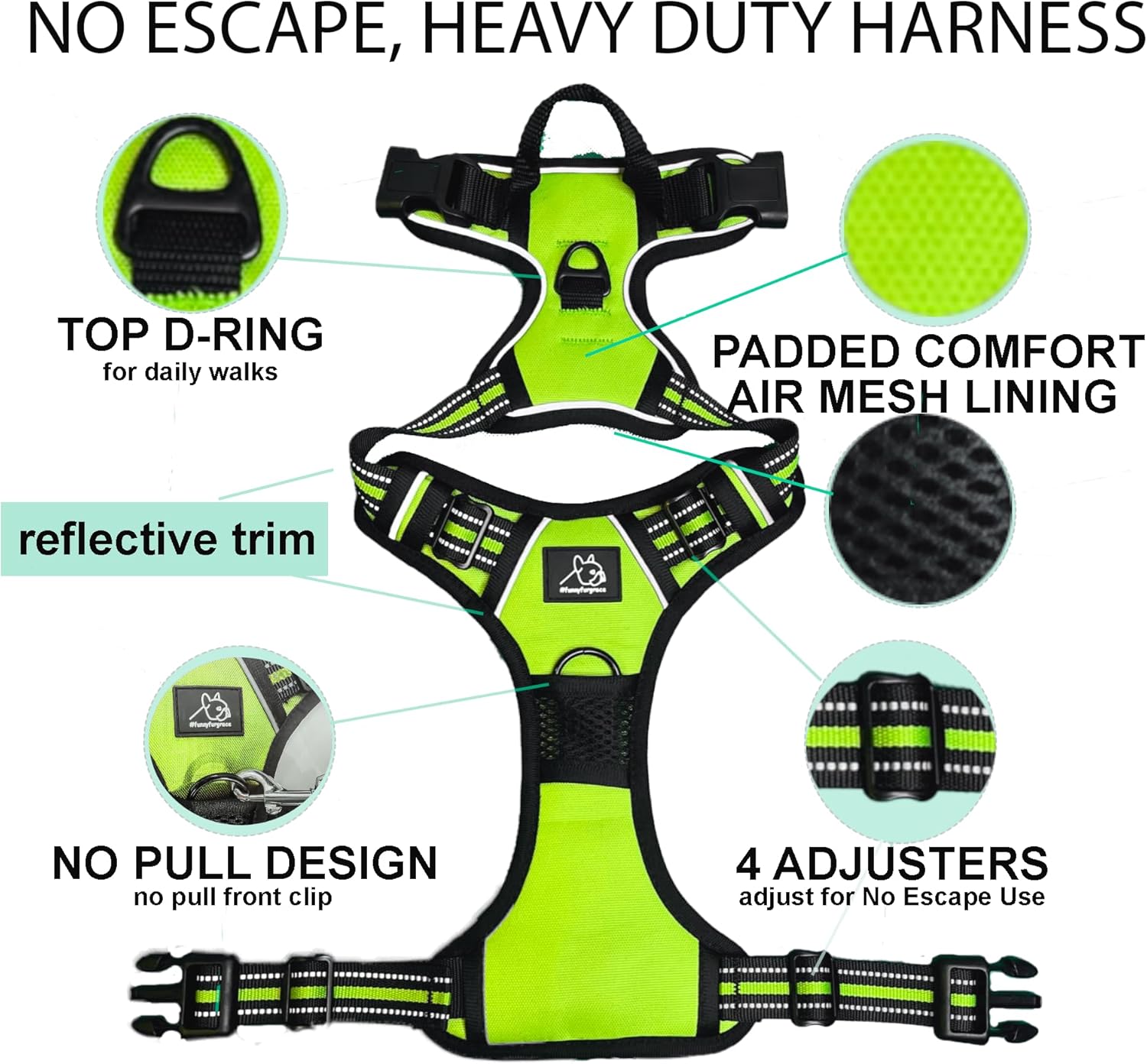 Funny Fur Grace - Neon Green 3-in-1 Comfort Fit Adventure Dog Walking Set: Adjustable Escape-Proof Harness,16ft Retractable Leash with Anti-Slip Handle, Pup Bags, for Dogs #funnyfurgrace