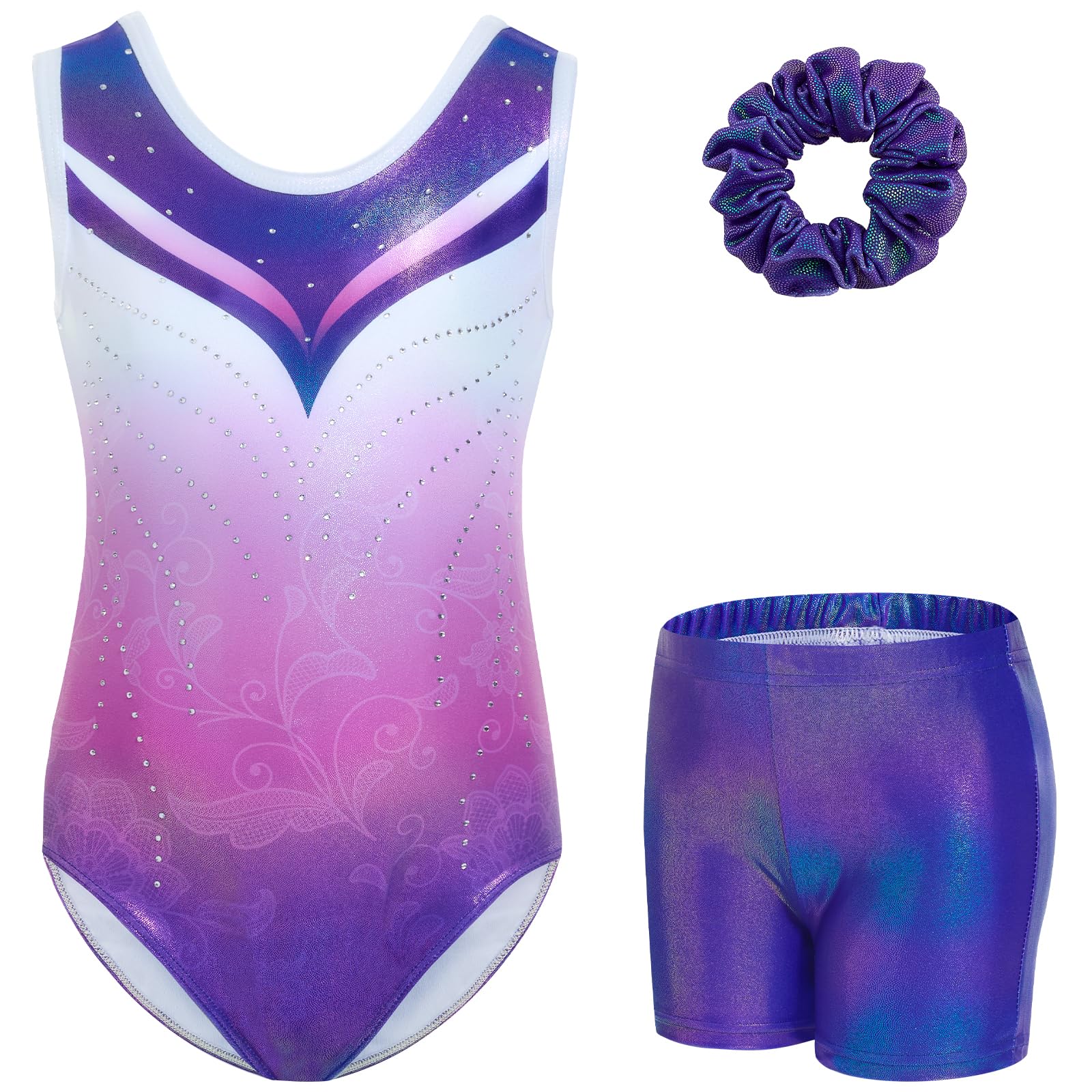 Gogokids Conjunto de gimnasia de tres piezas para niña, cuello en Y, sin mangas, con pantalones cortos y diadema, traje de gimnasia con diseño de bloques de color azul y morado, 3-12 años — view 34