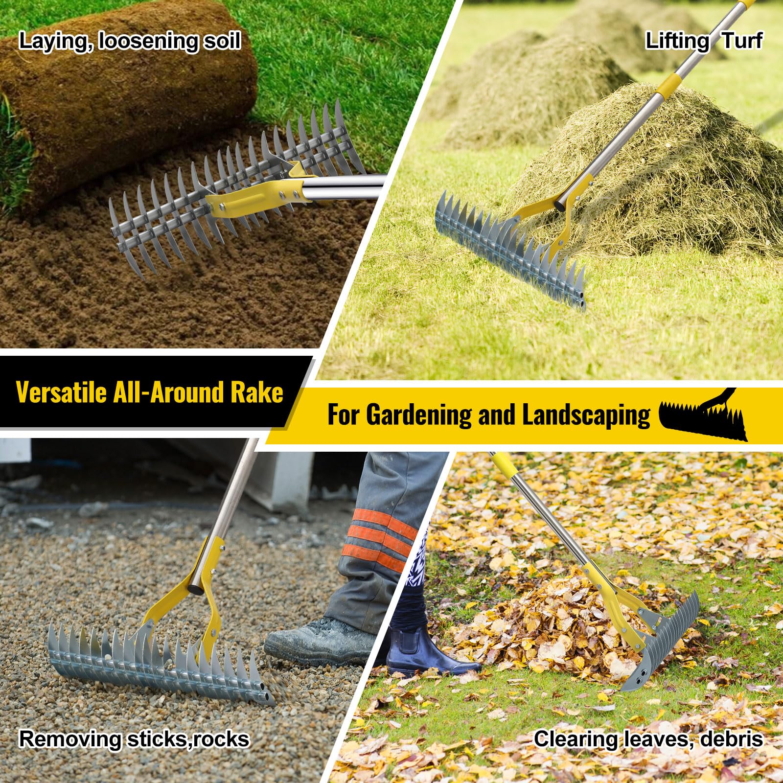 Rastrillo nivelador de césped, placa de suelo de 30x10 pulgadas, herramienta niveladora de jardín con mango largo ajustable de 72 pulgadas y borde curvo, nivelador de césped grande y resistente para