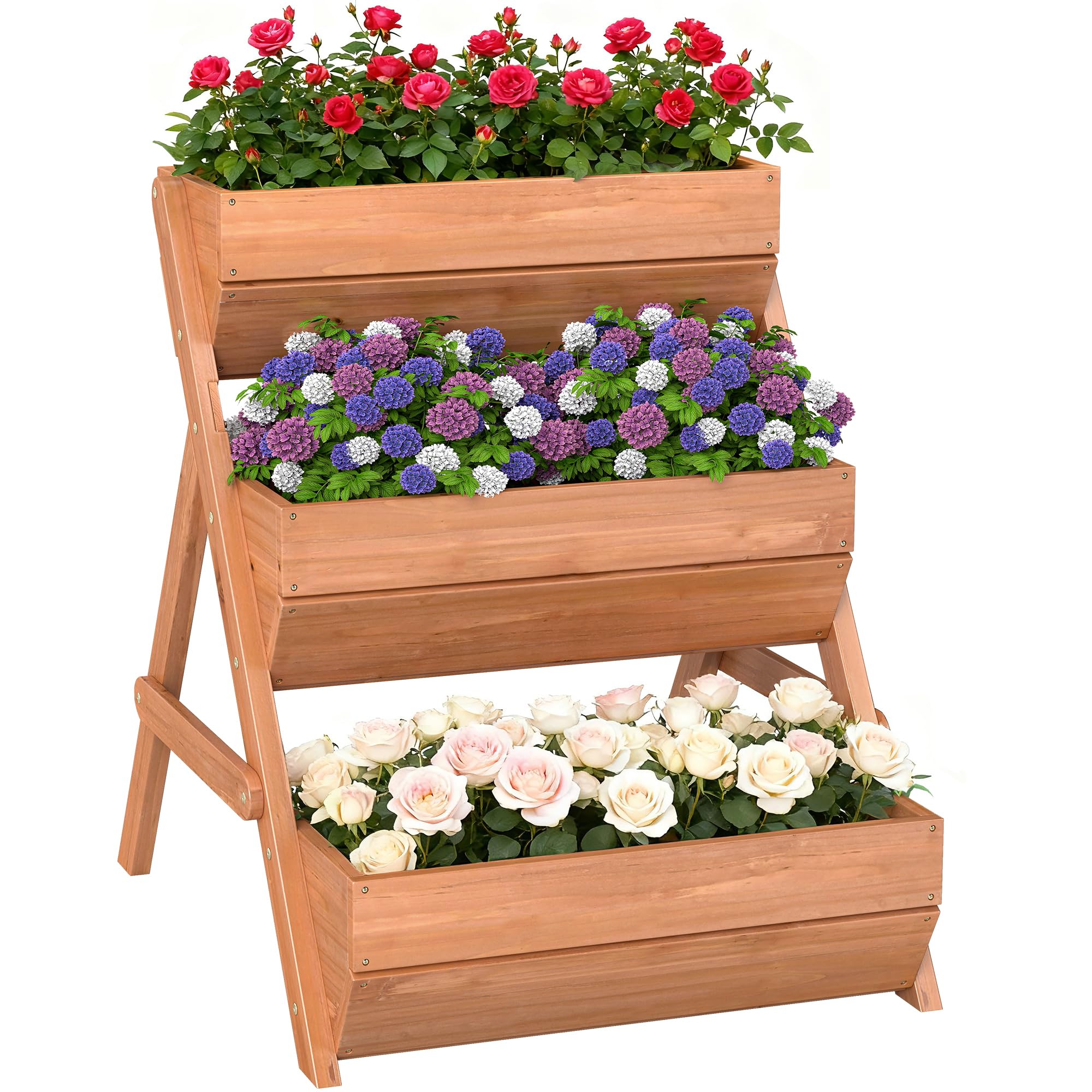 Outsunny 3 Tier 66L Raised Garden Bed Wooden Elevated Planter Box Kit for Flower, Vegetable, Herb, 65 x 75 x 76cm, Brown
