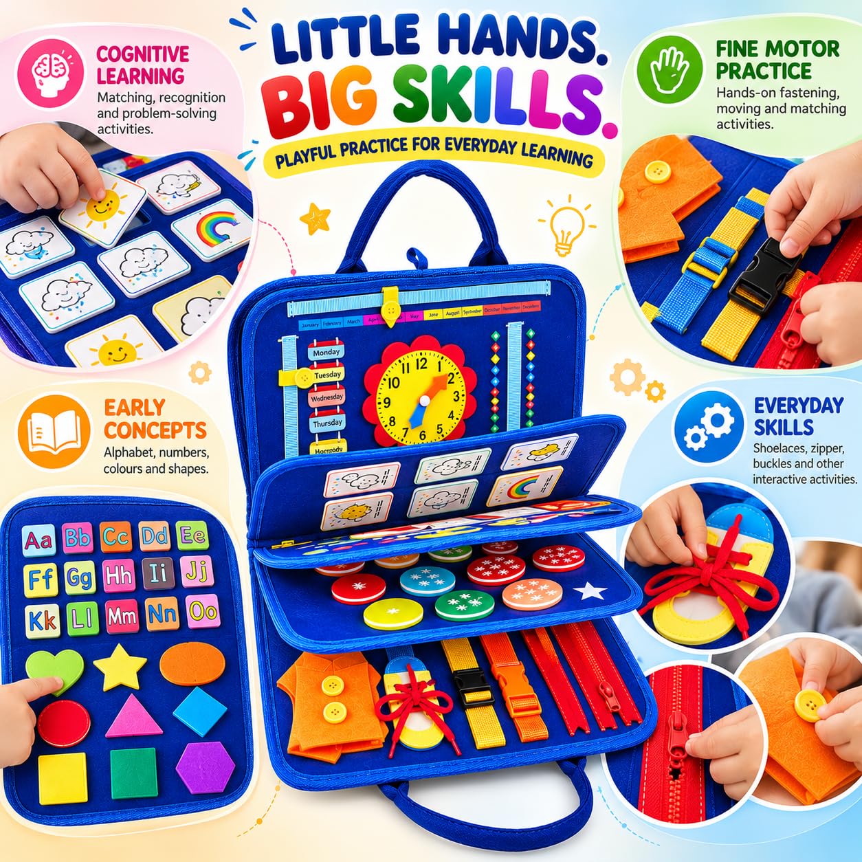 Qlect 12 in 1 Toddler Busy Binder & Busy Book for Toddlers 1-3 Years - Montessori Busy Board & Activity Book Kids 2-4 - Engaging Toys for 2-3 Years - Educational - ISI Approved, Made in India, Blue — Amazon image 4