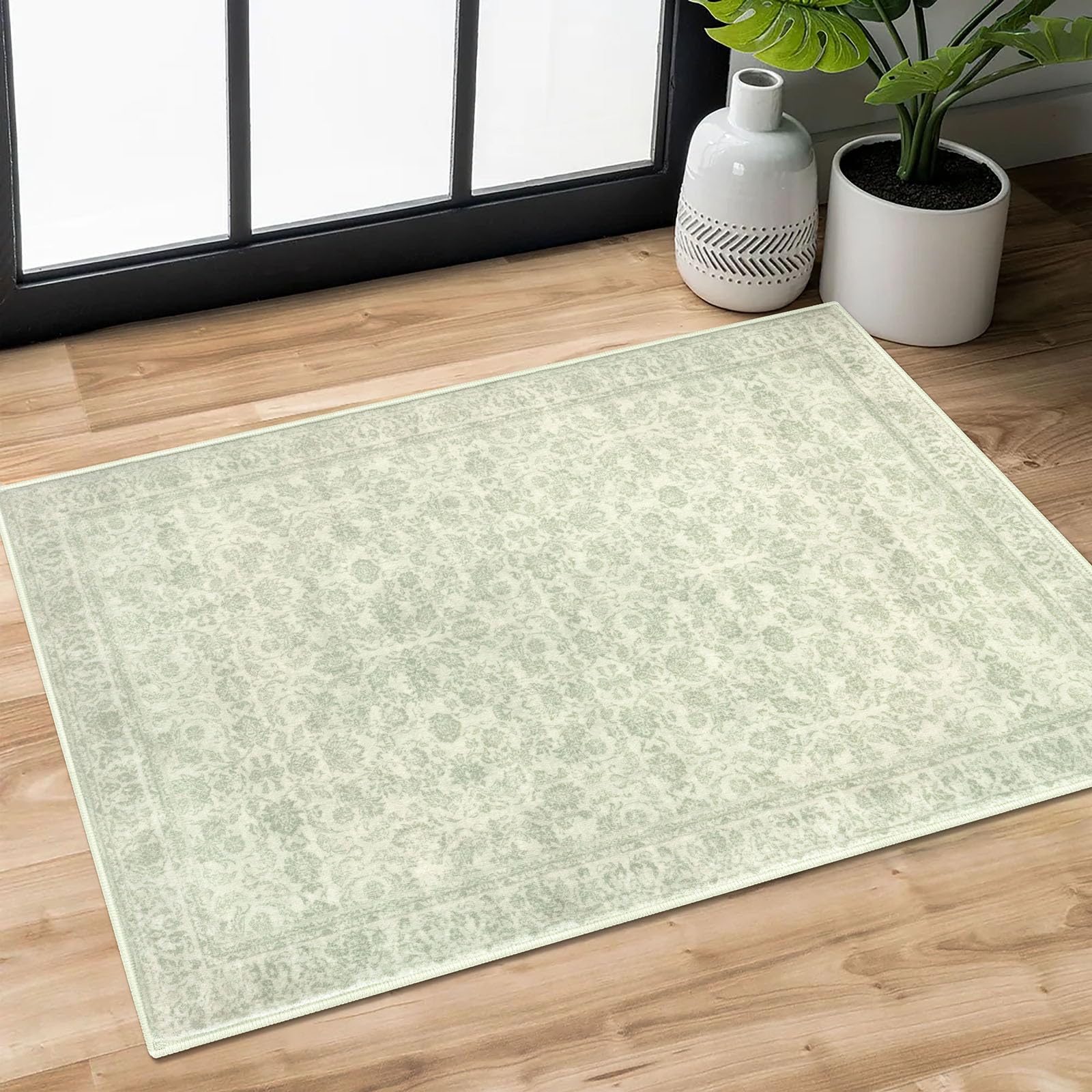 SIILOOM 2x3 Washable Rug Soft Area Rug for Entryway, Light Sage Green and Ivory Non-Slip Indoor Door Mat Floral Low-Pile Kitchen Rugs, Neutral Vintage
