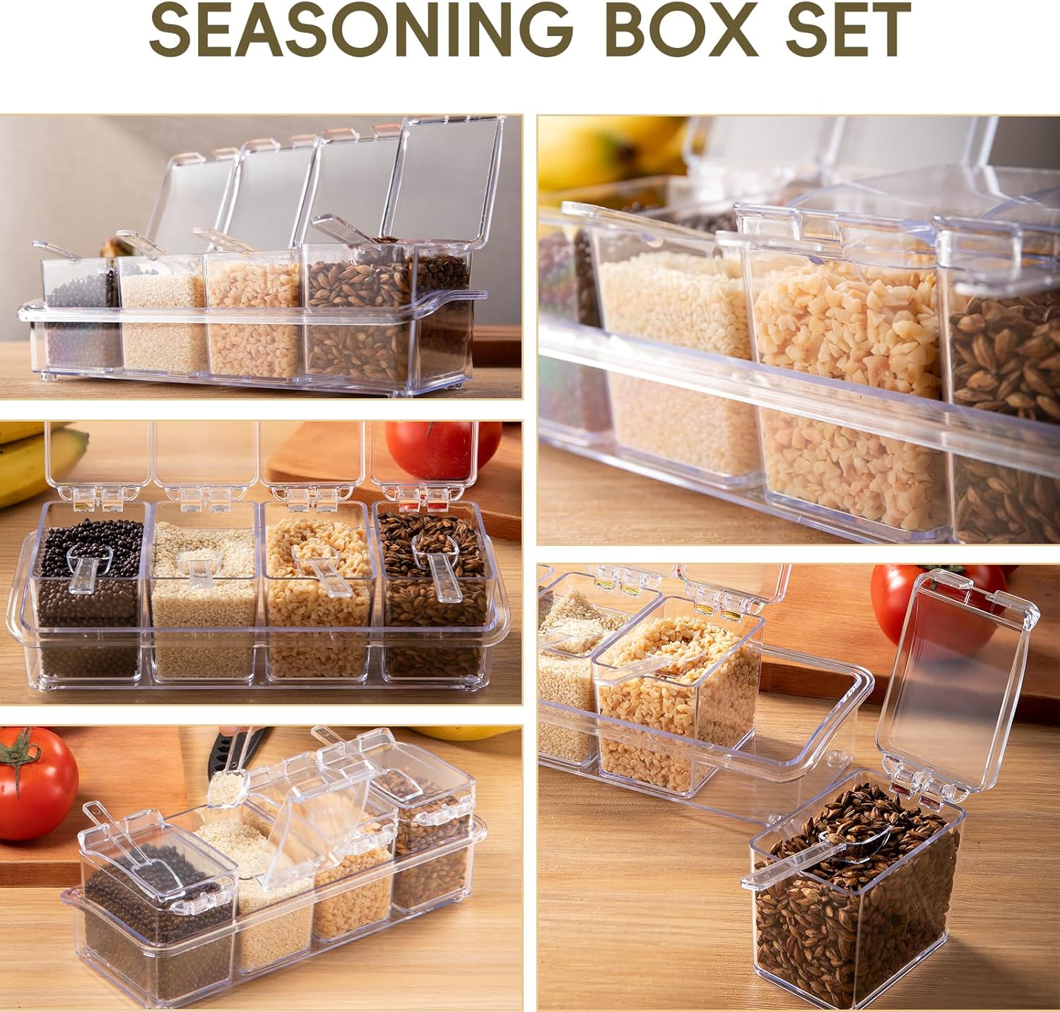 Clear Seasoning Box, 4 Pieces Seasoning Rack Spice Pots, Storage Container Condiment Jars Acrylic Seasoning Box with Covers and Spoons for Spice, Sugar, Salt, Sugar, Cardamon, Cinnamon