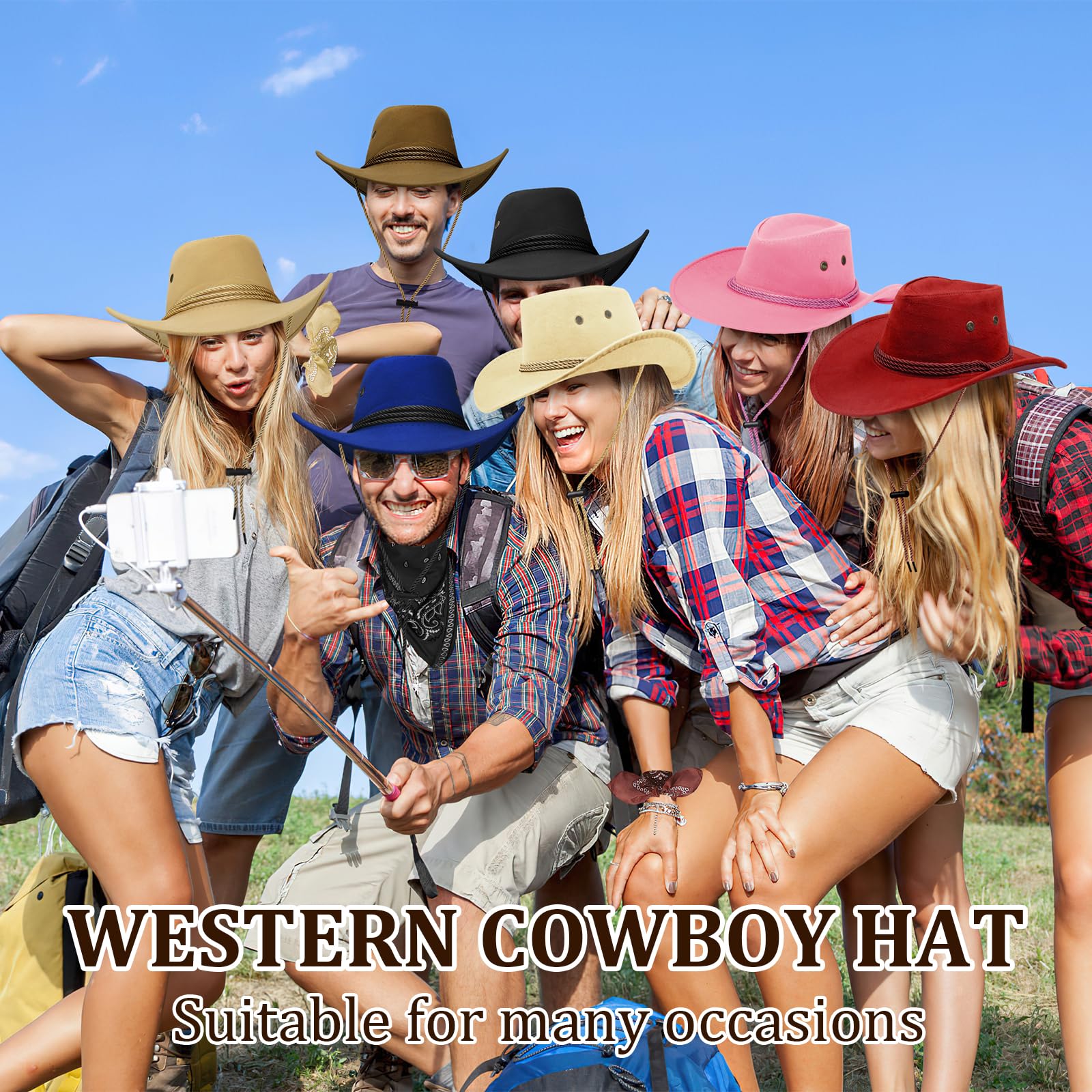 30 Stk Cowboyhut Set für Damen Herren, Western Cowboyhüten mit Kordel in 5 Farben & 15 Bandanas Cowgirl Kostüm Accessories für Karneval, Mottoparty, Wanderpicknick, JGA
