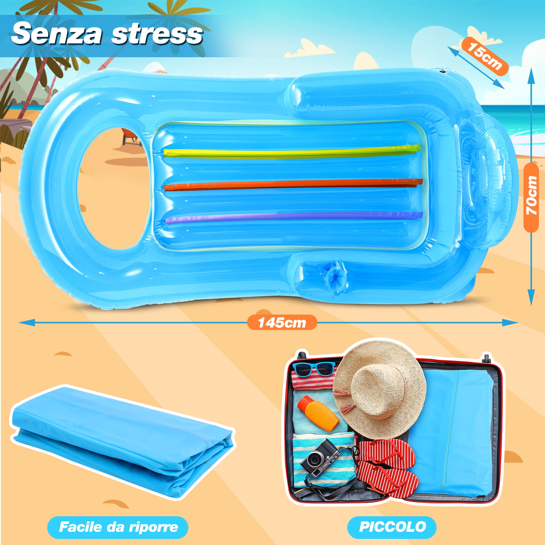 Jojoin Amaca Gonfiabile Piscina - Amaca Galleggiante Mare Gonfiabile | Materassino Poltrona con Fori per Tazza - Estate All'Aperto Giocattolo Regalo Spiaggia Lago per Adulti Bambini (145 * 70cm)