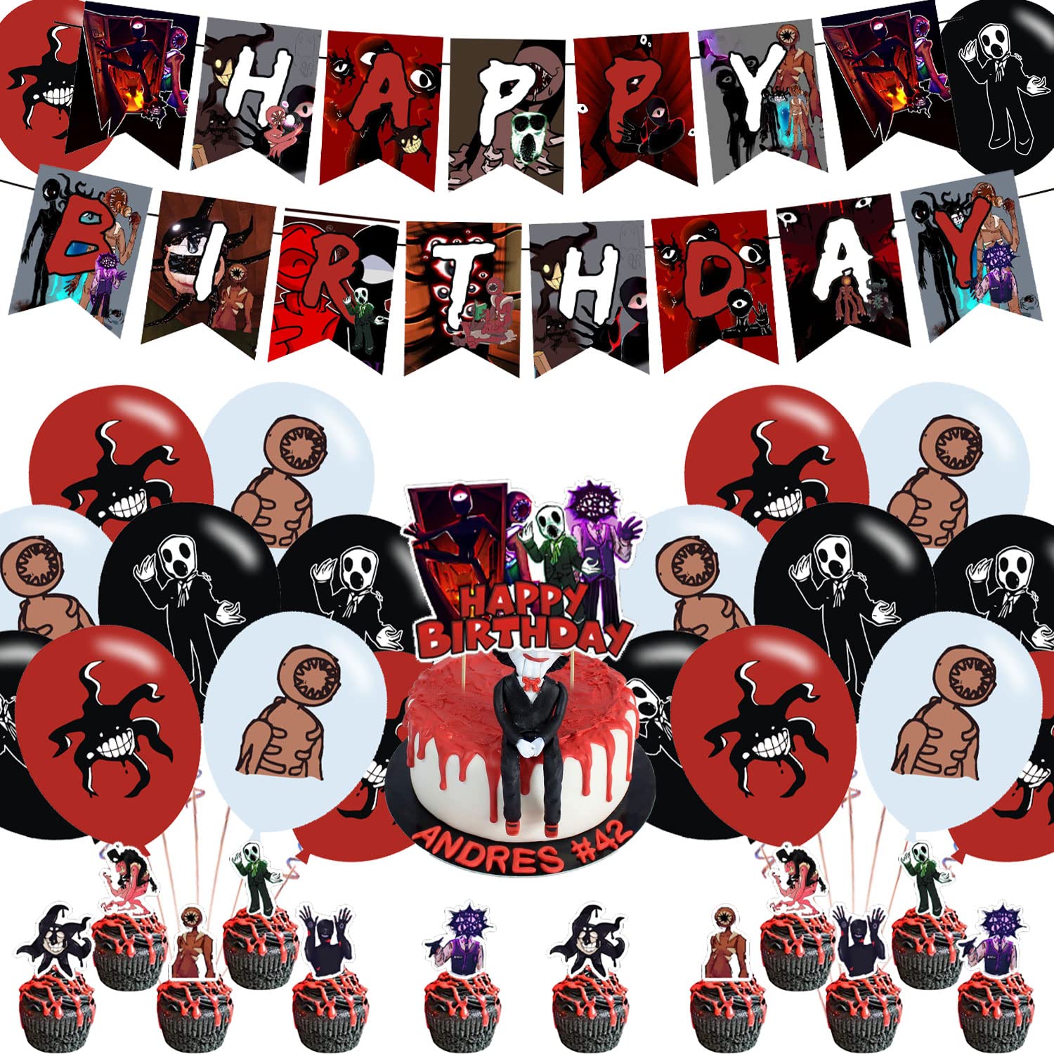 Photo 1 of Doors Figure Birthday Party,Doors Figure Party Decorations,Doors Figure Birthday Party Supplies, Doors Figure Party Banner for Kids Adult Bitrhday Party