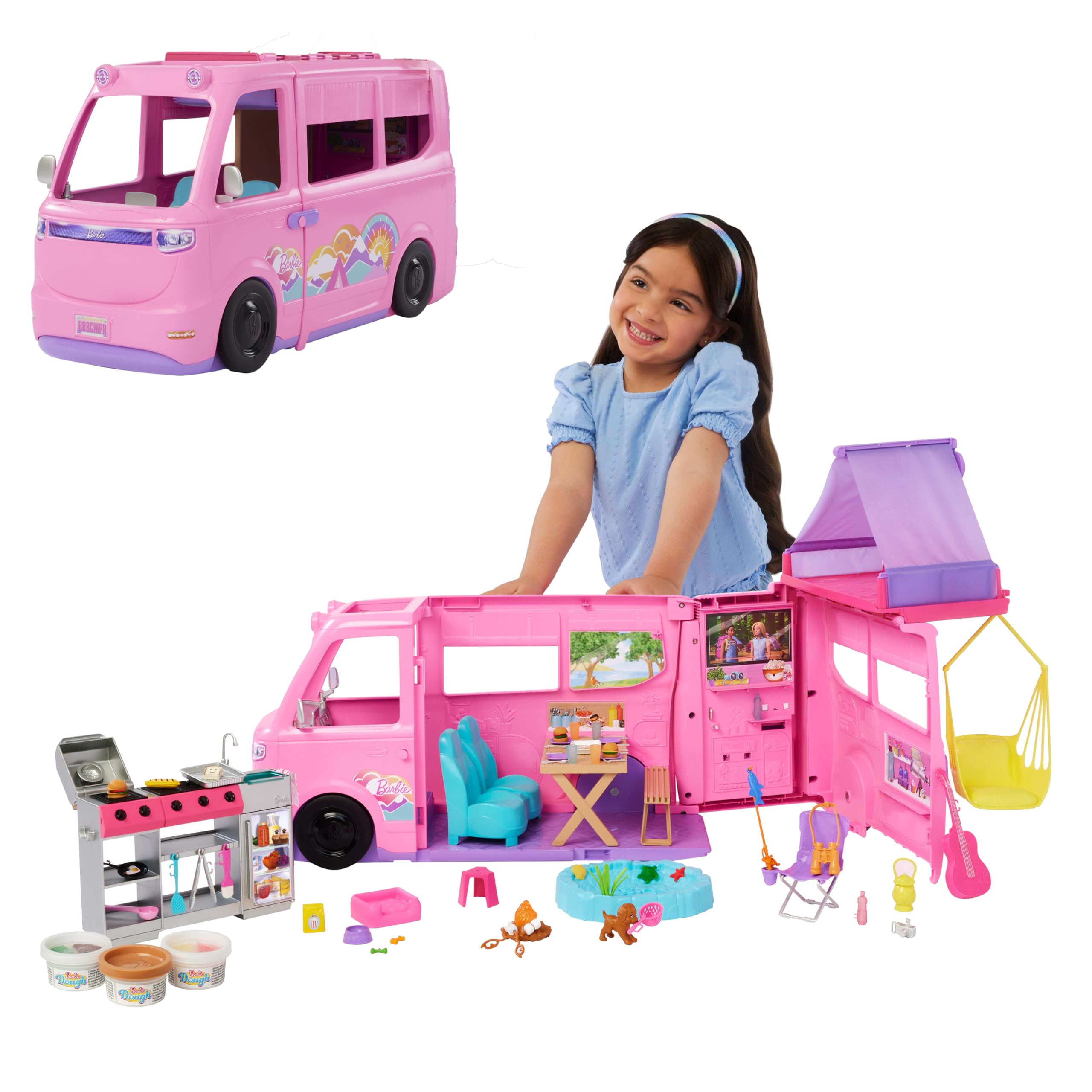 Barbie Coffret Camping-​Car de Rêve avec Tente sur Le Toit, balançoire, Bassin pour la pêche, Barbecue-​Grill avec Fonction Changement de Couleur et Plus de 60 Accessoires, HRJ78