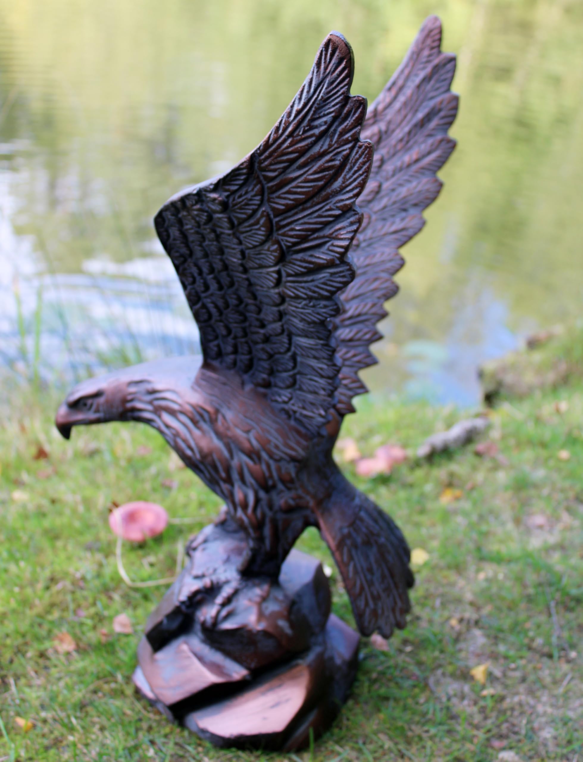 Inspirational Gifting Aged Bronze Finish Eagle Swooping Garden Sculpture Ornament Statue 52Cm Tall In Hand Cast Solid Aluminium With Bronze Effect Finish