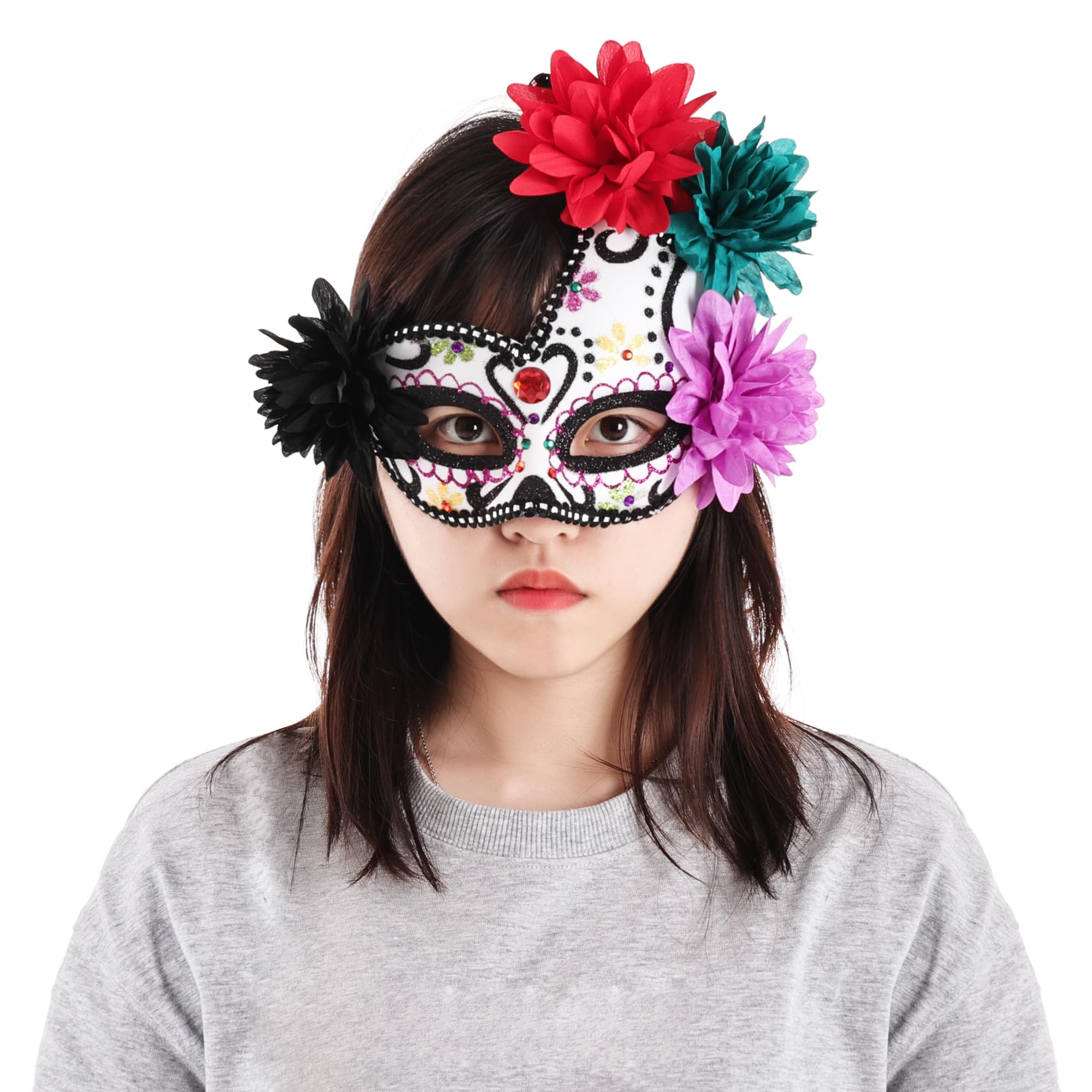 SUMERSHA Mexican Day of the Dead Masquerade Mask for Women Floral Sugar Skull Eyemask Halloween Costume Mask
