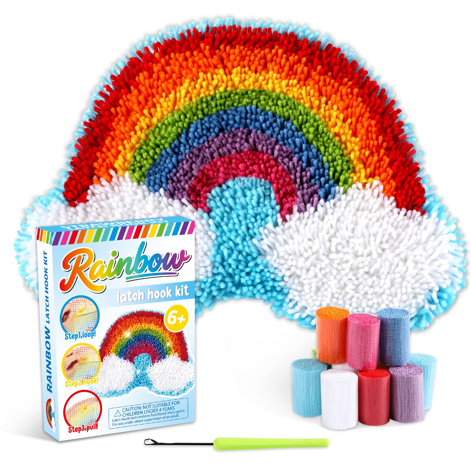 Rainbow Latch Hook Mini Rug Kit Rainbow DIY Valentine Craft for Kids Adults Beginners Making Your Own Crochet Carpet Craft Printed Canvas Yarn Rug Hooking Cross Sewing Christmas Gift for Home Decor