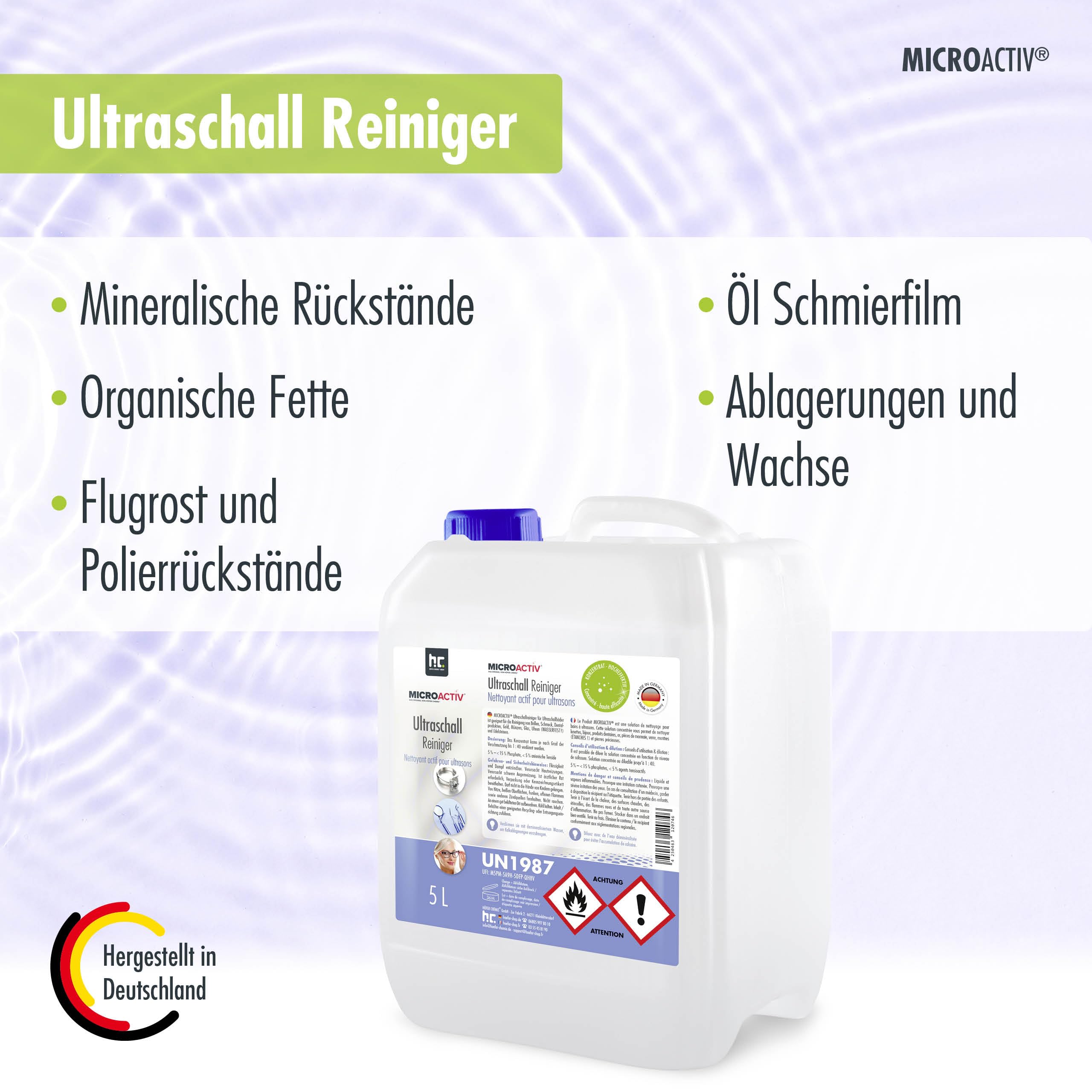 Microactiv Ultraschallreiniger 5 L | Hochwirksames Reinigungsmittel, Für Schmuck, Brillen, Dental- & Metallteile, Konzentrat bis 1:40 verdünnbar