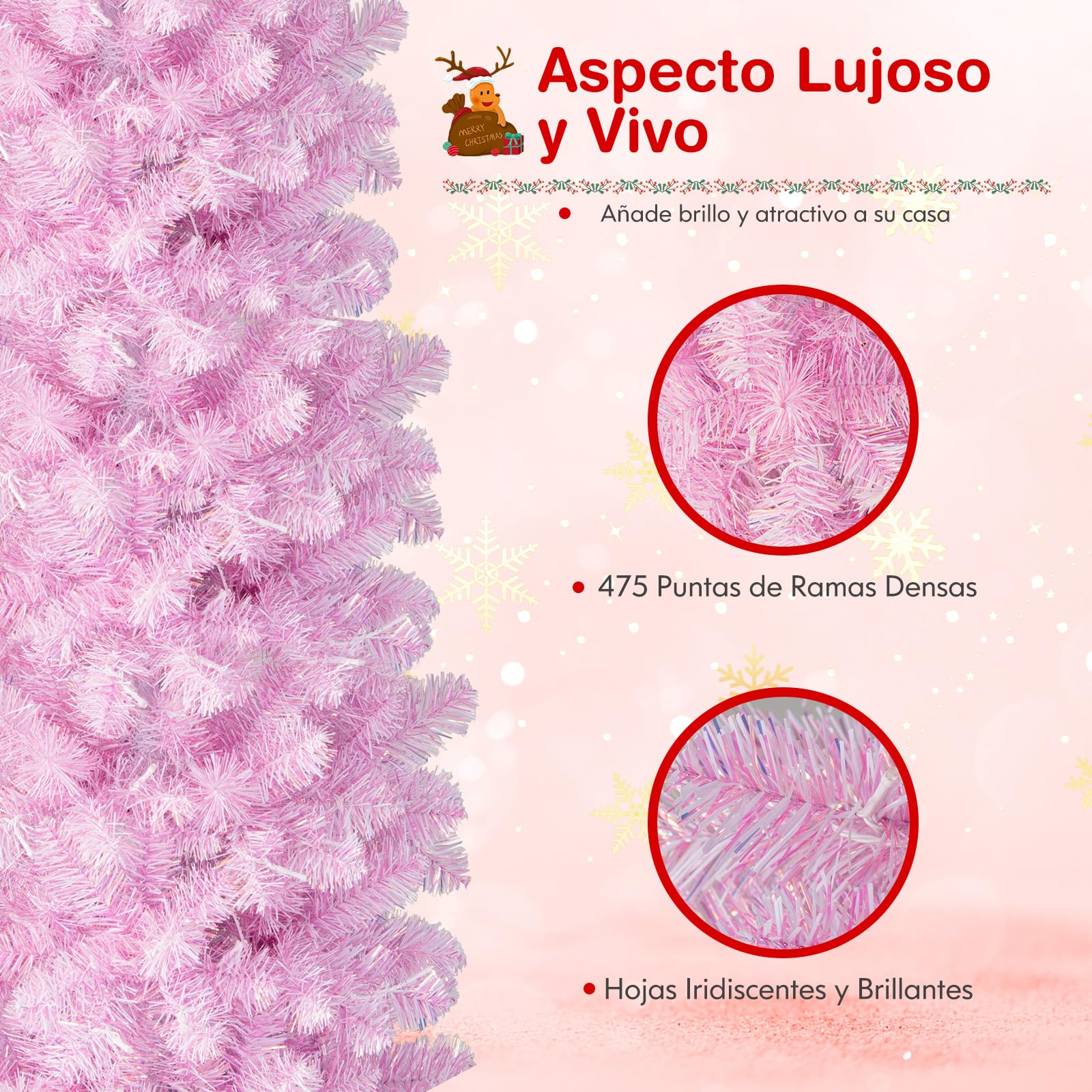 COSTWAY Árbol de Navidad Rosa 180cm, Arbol de Navidad Slim/Estrecho con Luces Incorporadas, 250 Luces Blancas Frías, 475 Ramas de PVC y Pet, Arvore de Natal Soporte de Metal Casa/Oficina