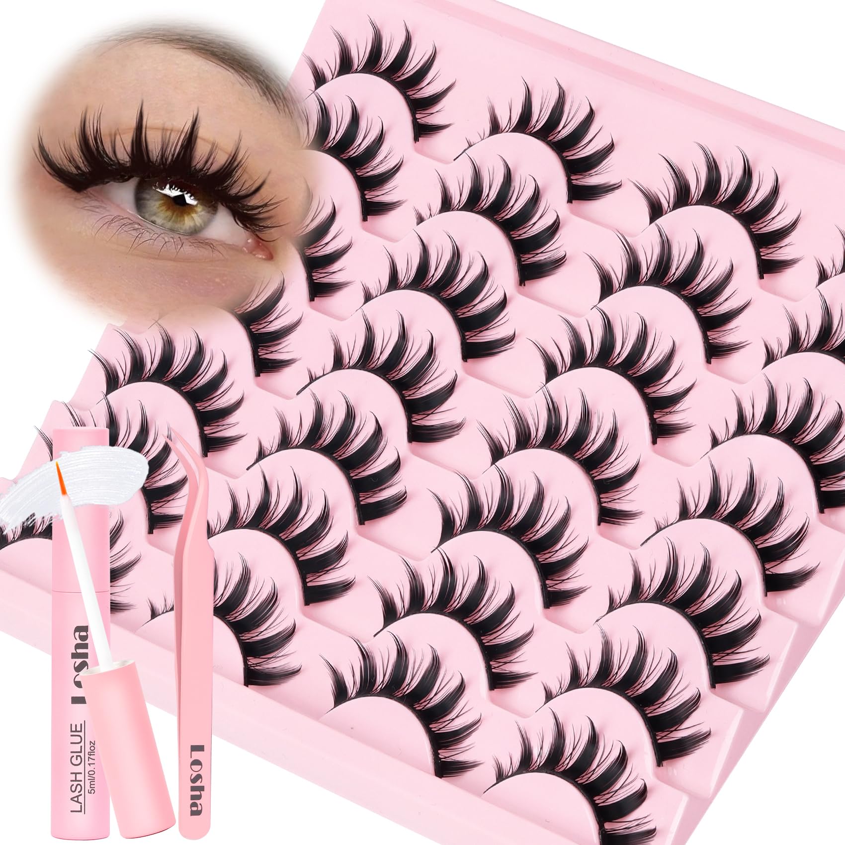 Losha Lashes Spiky Manga Lashes 14 Pairs Anime False Eyelashes 8D Wispy Eye Lashes Kit with Lash Glue and Lash Tweezers Natural Soft Fake Eyelashes (