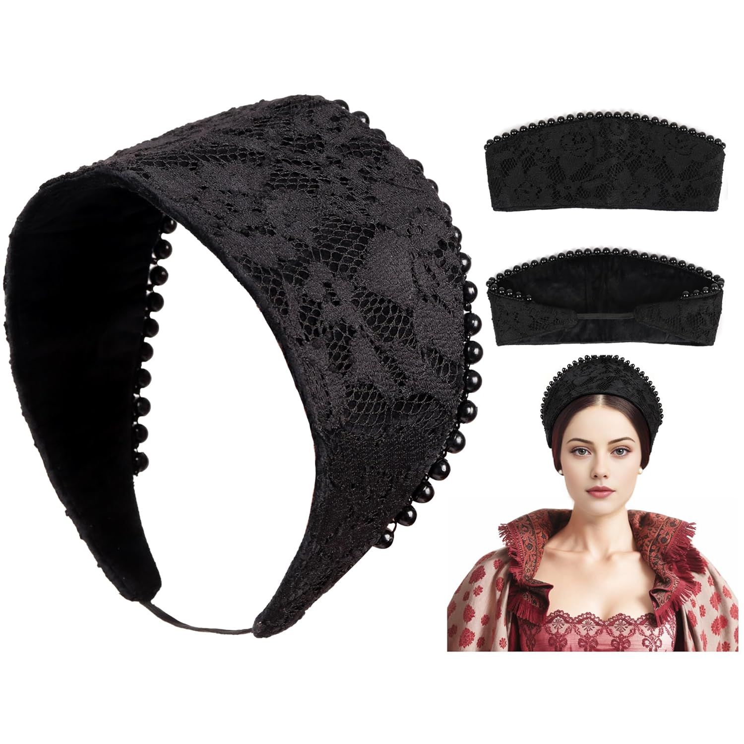 PROCOS Anne Pearl Headband Velvet Tudor French Hood Headpiece Elizabethan Headwear Queen Parr Renaissance Hair Accessory (A-Black)