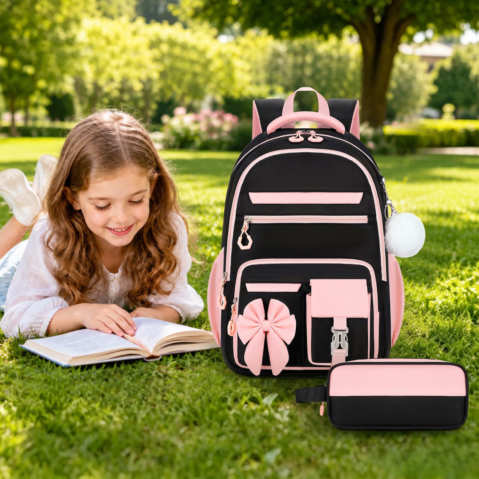 Zaino Scuola Elementare Bambina Leggero 2 Pezzi con Astuccio, NeroRosa